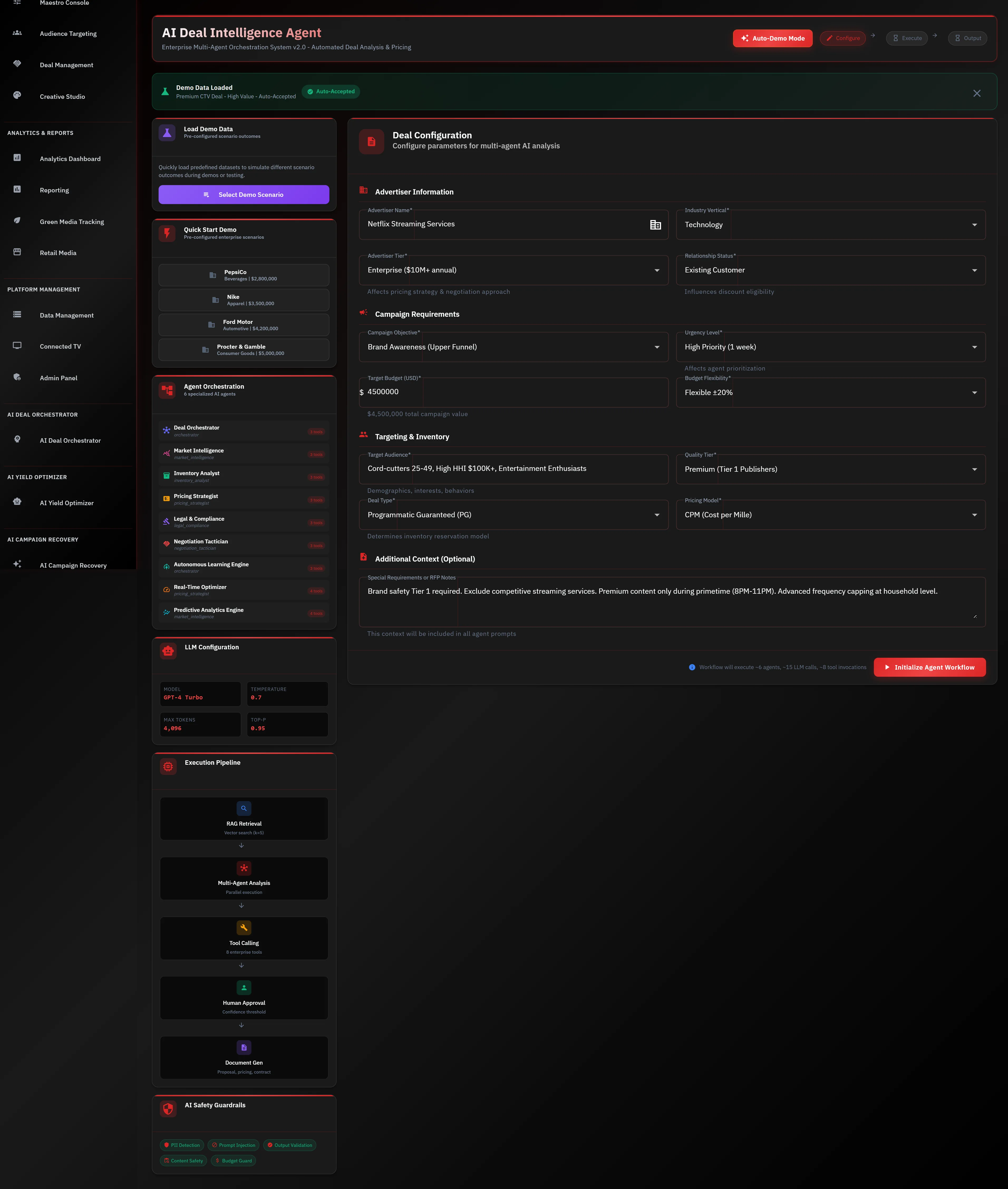 Deal Configuration screen with advertiser input, campaign requirements, agent orchestration, and AI safety guardrails.