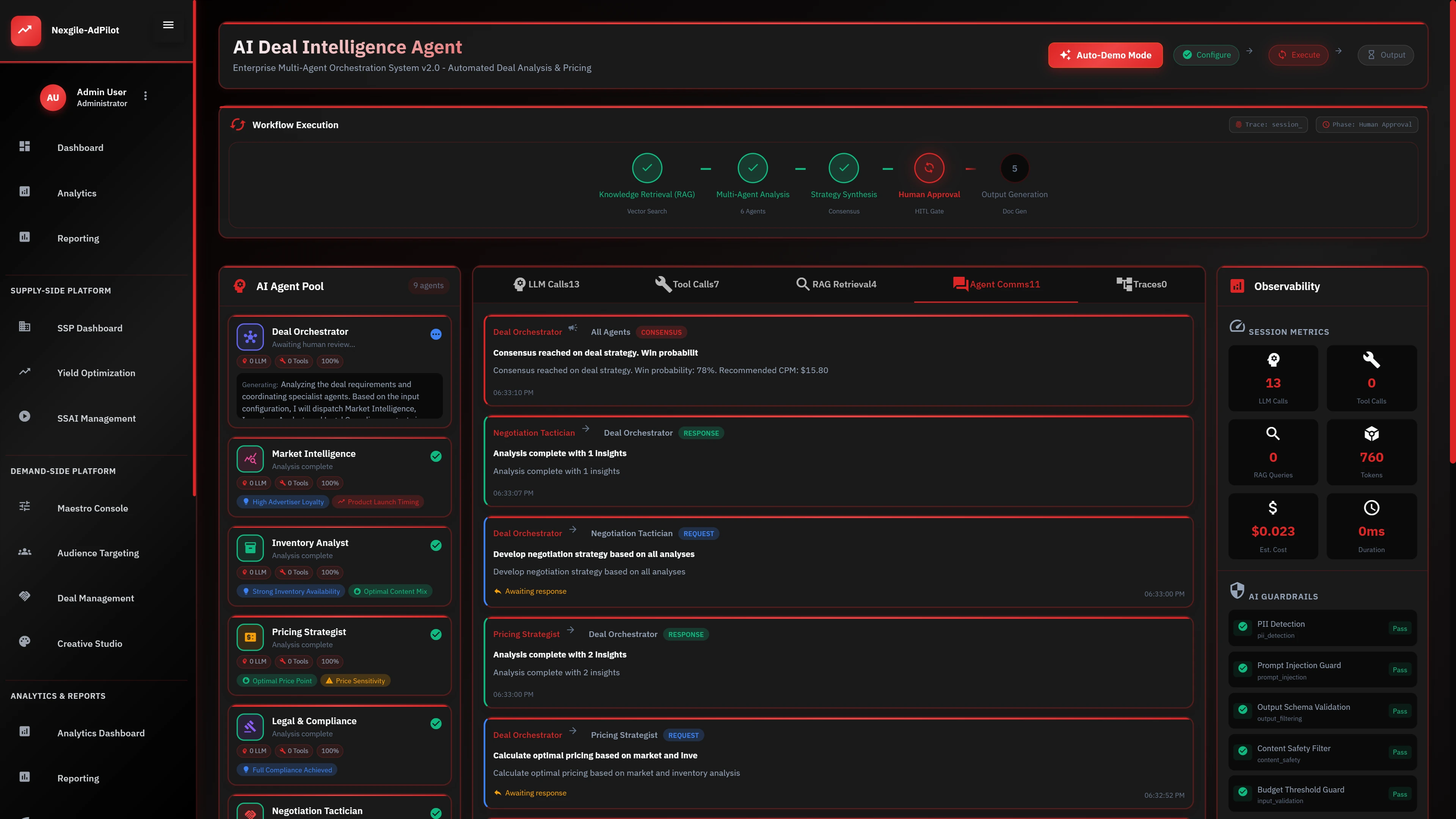 Human Approval phase displaying agent consensus on deal strategy with inter-agent communications.