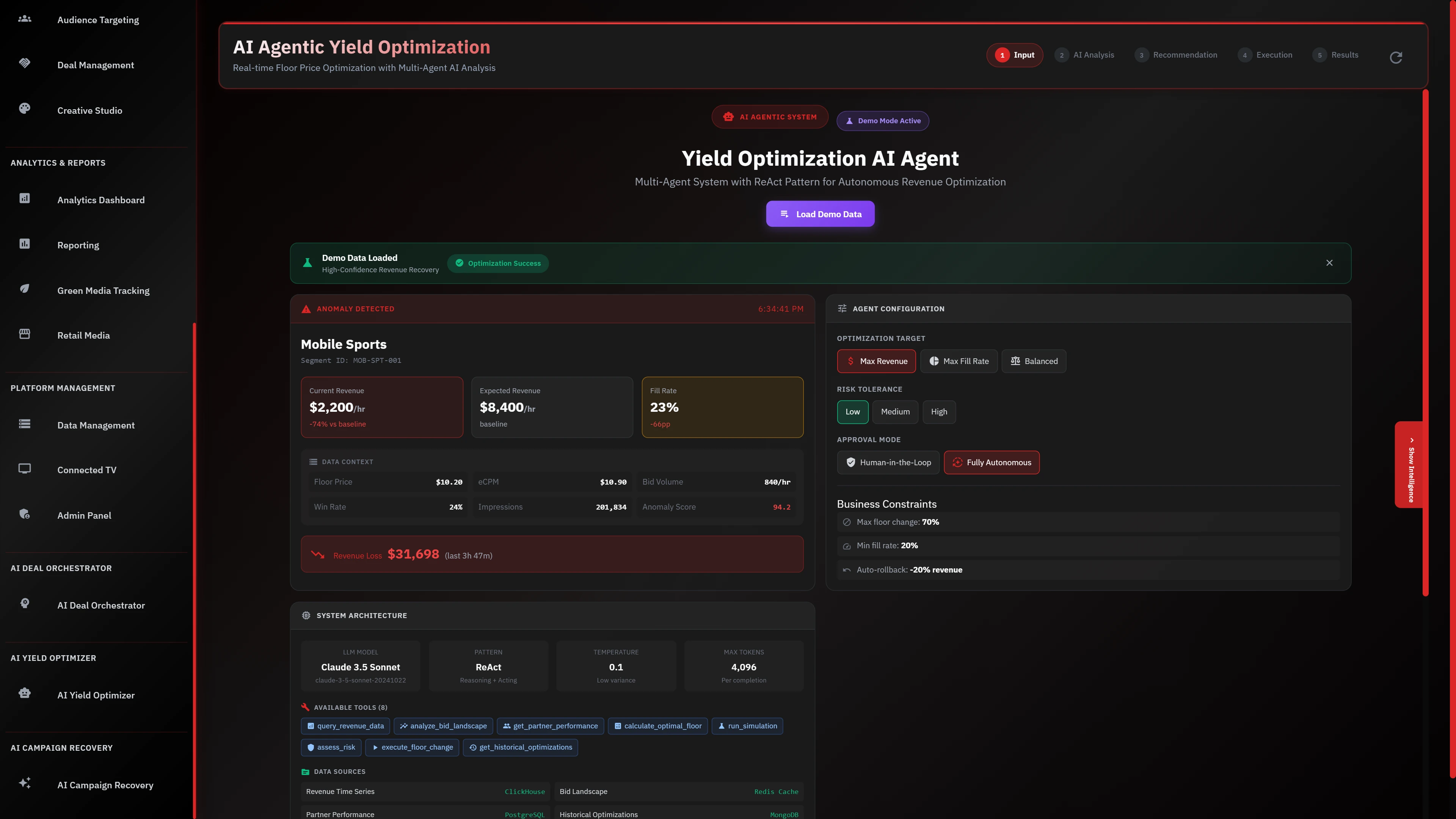 Input Configuration screen with anomaly detection for Mobile Sports segment and agent configuration options.