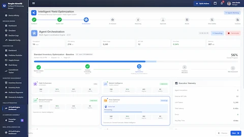 Agent Orchestration dashboard showing multi-agent coordination engine with real-time workflow stages (Market Analysis, Demand Forecasting, Price Optimization), individual agent status cards with success rates and latency metrics, and execution telemetry tracking API calls, LLM tokens, and errors.