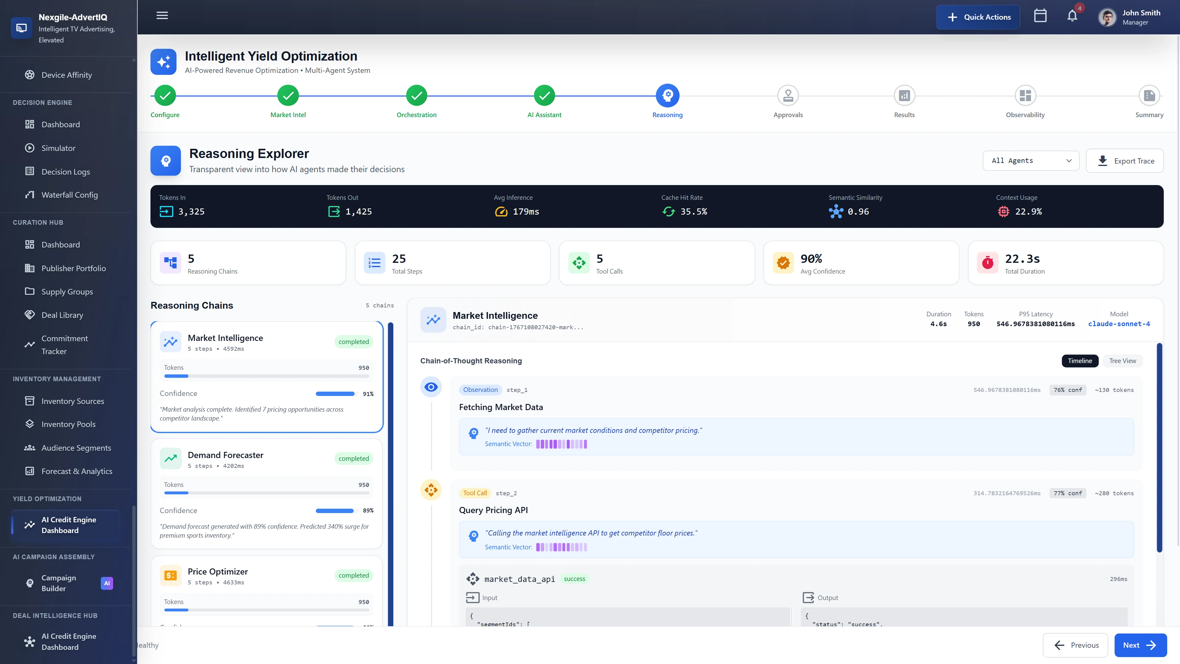 Reasoning Explorer providing transparent view into AI agent decision-making with chain-of-thought reasoning, showing completed reasoning chains for Market Intelligence, Demand Forecaster, and Price Optimizer agents with confidence scores, token usage, and detailed tool call execution traces.