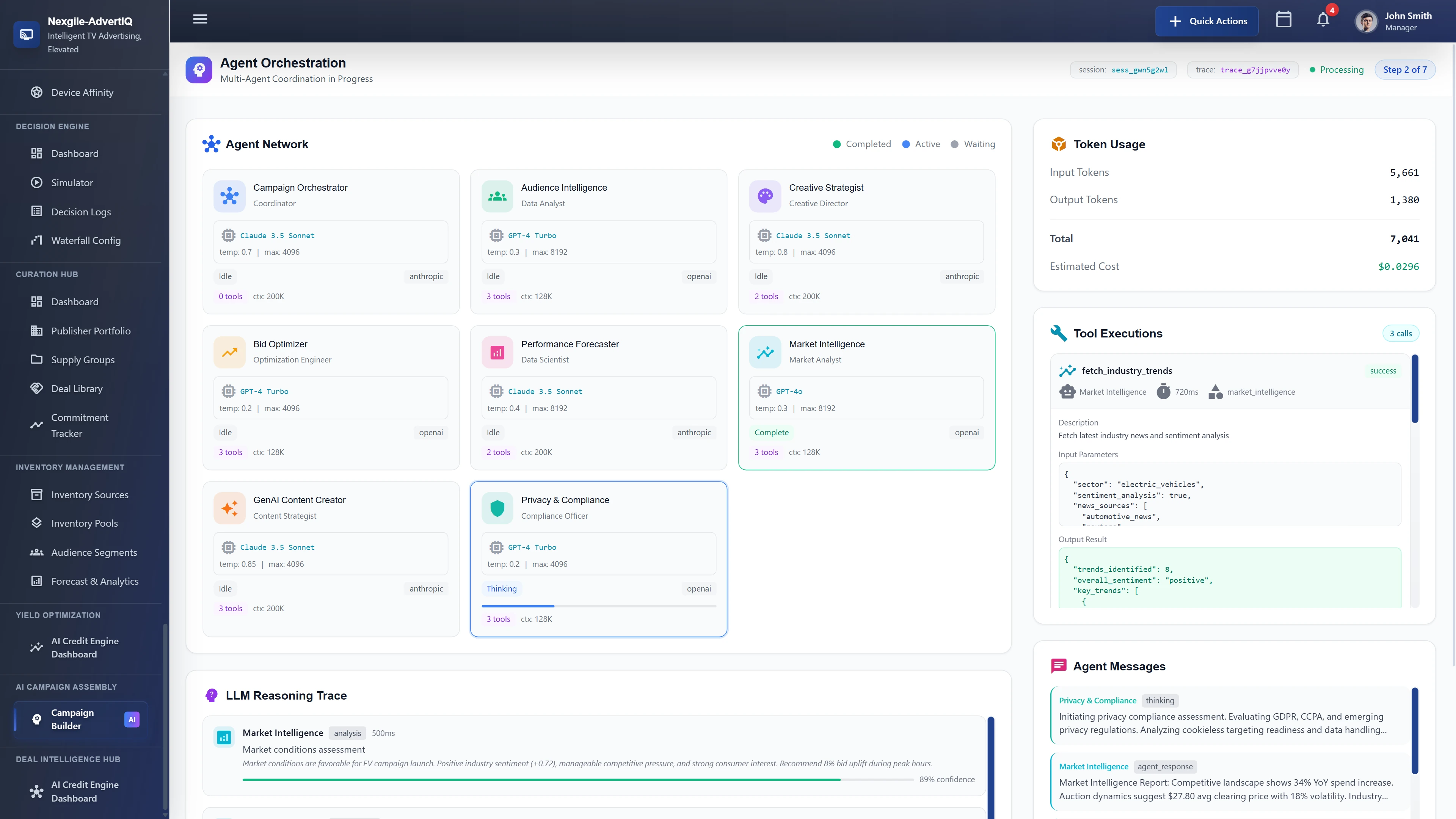 Agent Orchestration view displaying 8-agent network (Campaign Orchestrator, Audience Intelligence, Creative Strategist, Bid Optimizer, Performance Forecaster, Market Intelligence, GenAI Content Creator, Privacy & Compliance) with real-time status, token usage metrics, tool execution history, and LLM reasoning trace with agent messages.