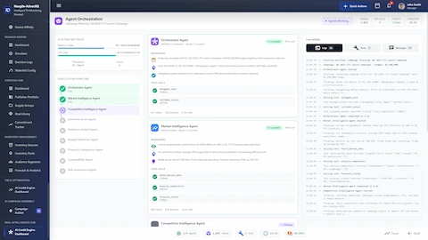 Agent Orchestration dashboard for Q4 2024 CTV Launch Campaign showing 9-agent execution pipeline with system metrics, live activity logs displaying real-time agent reasoning and tool calls, and detailed agent cards for Orchestrator and Market Intelligence agents with completion status and confidence scores.