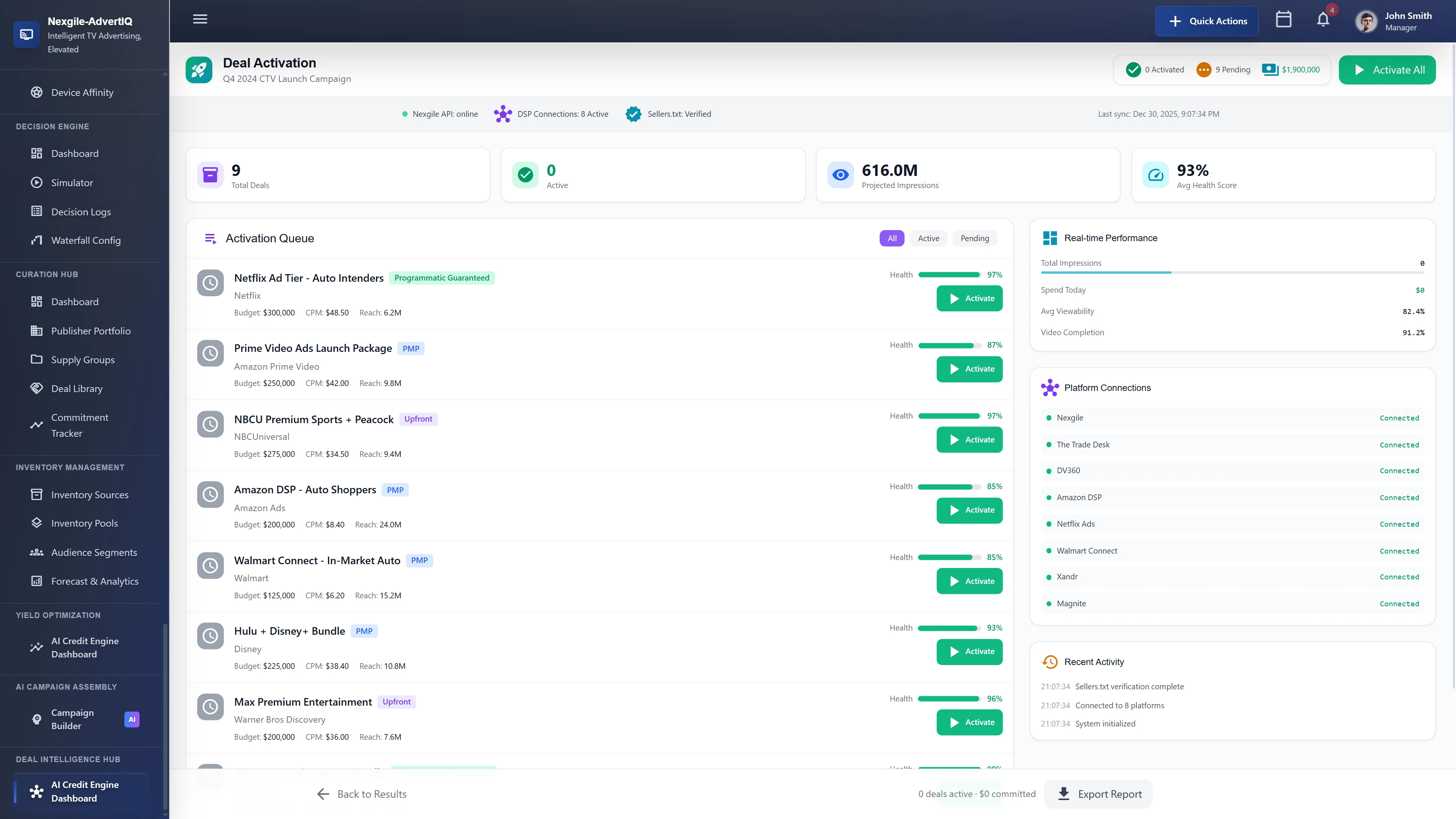 Deal Activation interface showing activation queue with recommended deals from Netflix, Prime Video, NBCU Peacock, Amazon DSP, Walmart Connect, Hulu+Disney+, and Warner Bros Discovery, displaying health scores, CPM rates, reach projections, platform connection status, and real-time performance metrics.