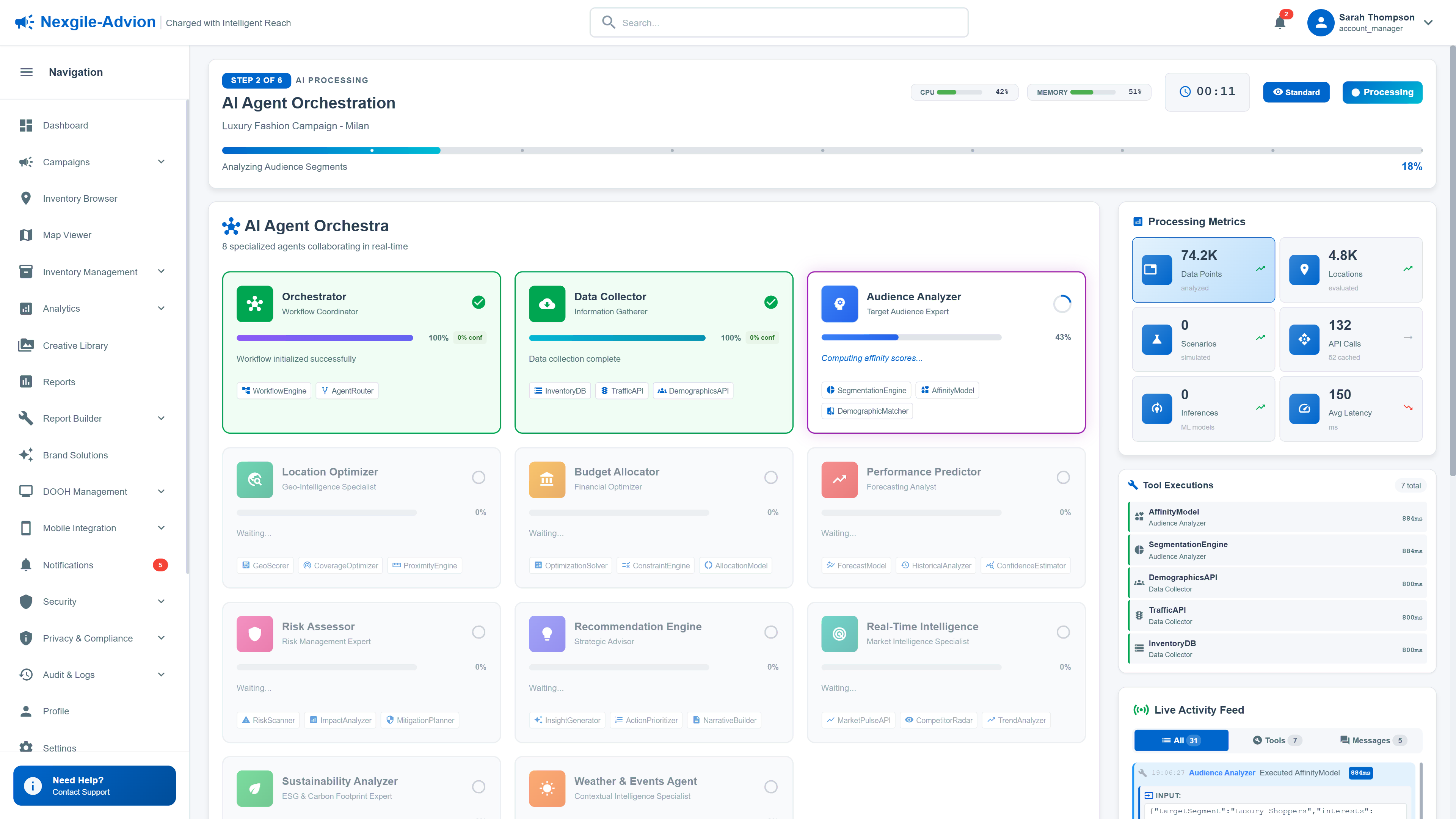 AI Agent Orchestration showing 11 specialized agents collaborating in real-time with live processing metrics