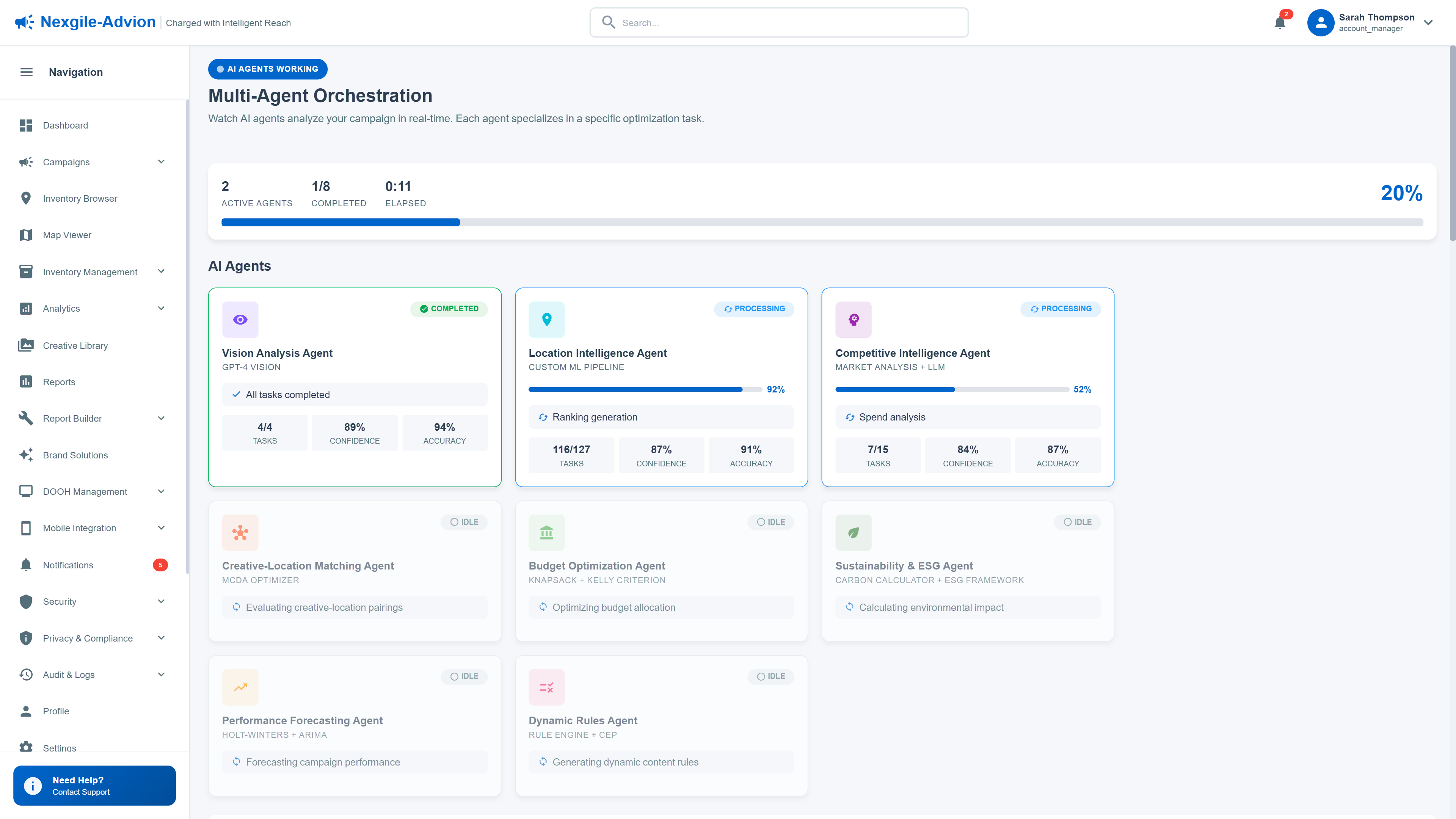 Multi-Agent Orchestration showing 8 specialized agents analyzing creatives, profiling locations, and evaluating optimal matches