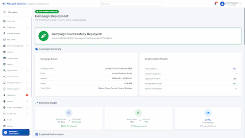 Campaign Deployment confirmation showing AI-optimized creative-location matches deployed across 127 DOOH screens