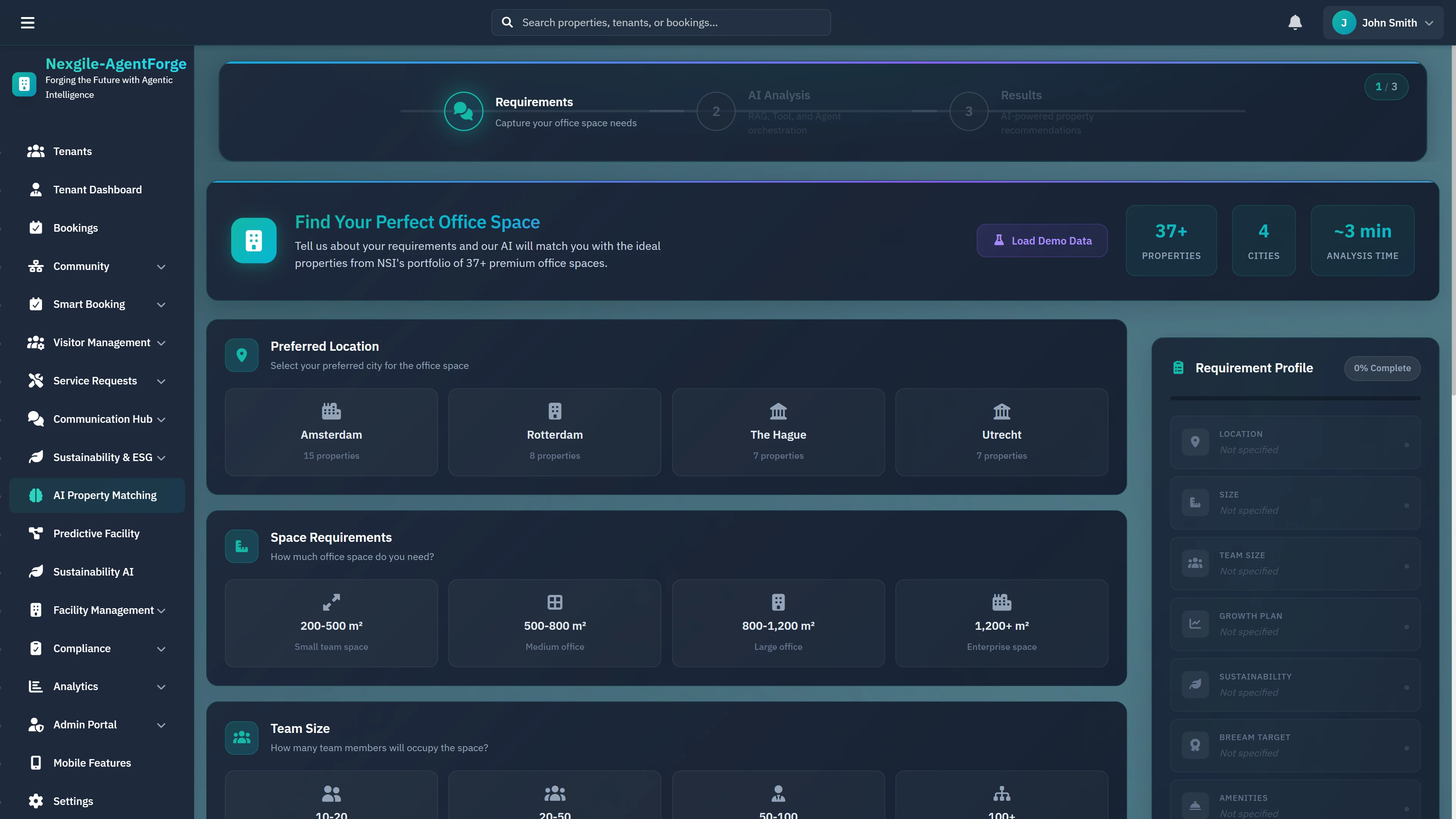 Requirements Collection - AI-powered property search interface where tenants specify location preferences, space requirements, and team size through guided selections.