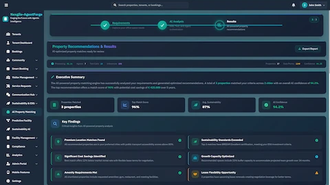 Property Recommendations & Results - Executive summary displaying matched properties with match scores, sustainability ratings, and key findings.