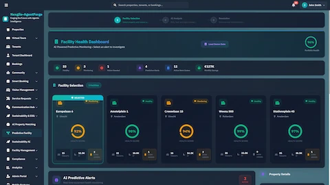 Facility Health Dashboard - Portfolio-wide monitoring view showing equipment health scores, predictive alerts, and facility selection across multiple properties.