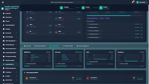 Certification Tracking & Deadlines - Dashboard showing BREEAM, EPC, WELL, and WiredScore certification status with compliance progress and upcoming deadlines.