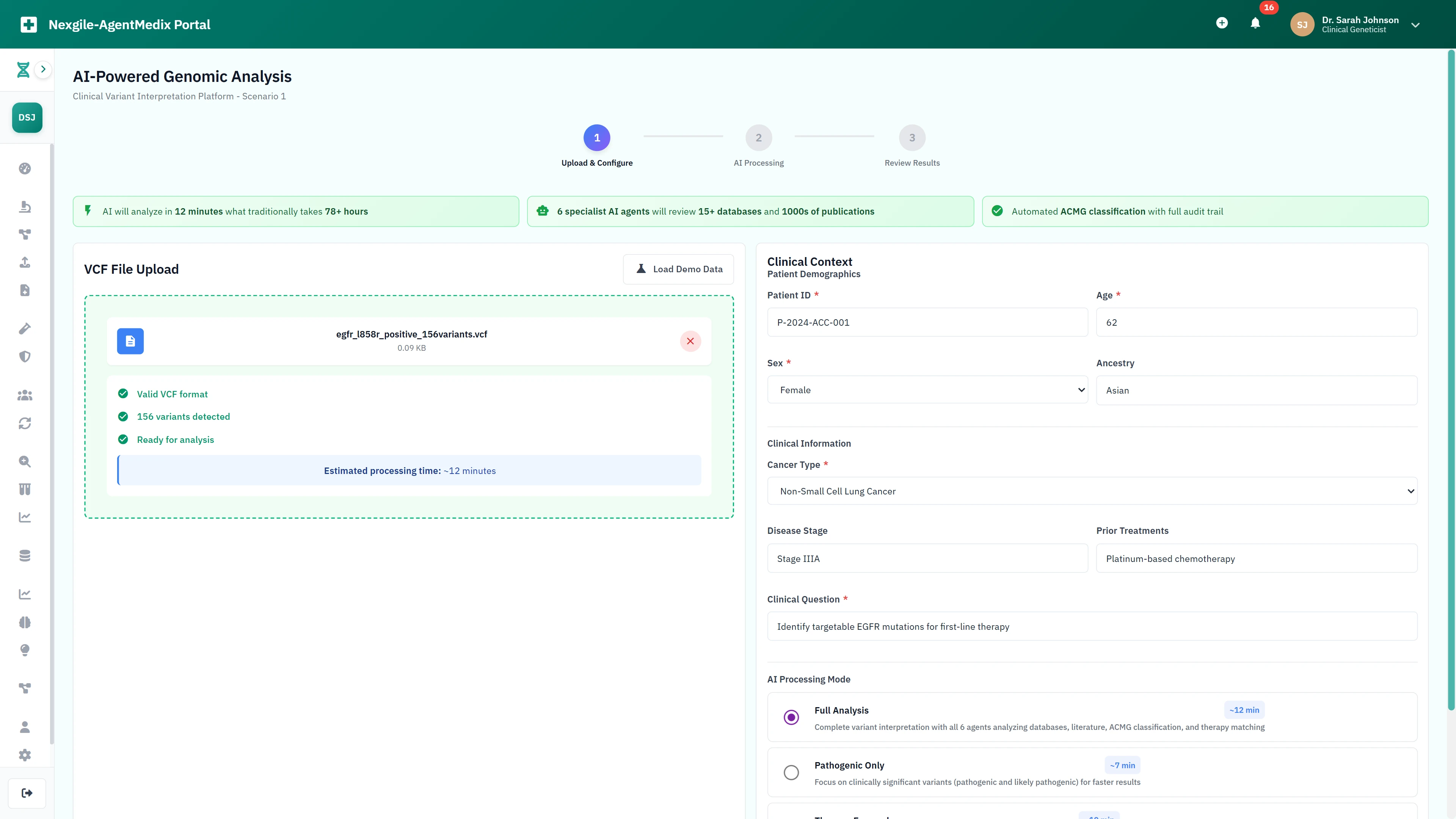 VCF file upload and configuration interface with patient demographics and clinical context for AI-powered genomic analysis