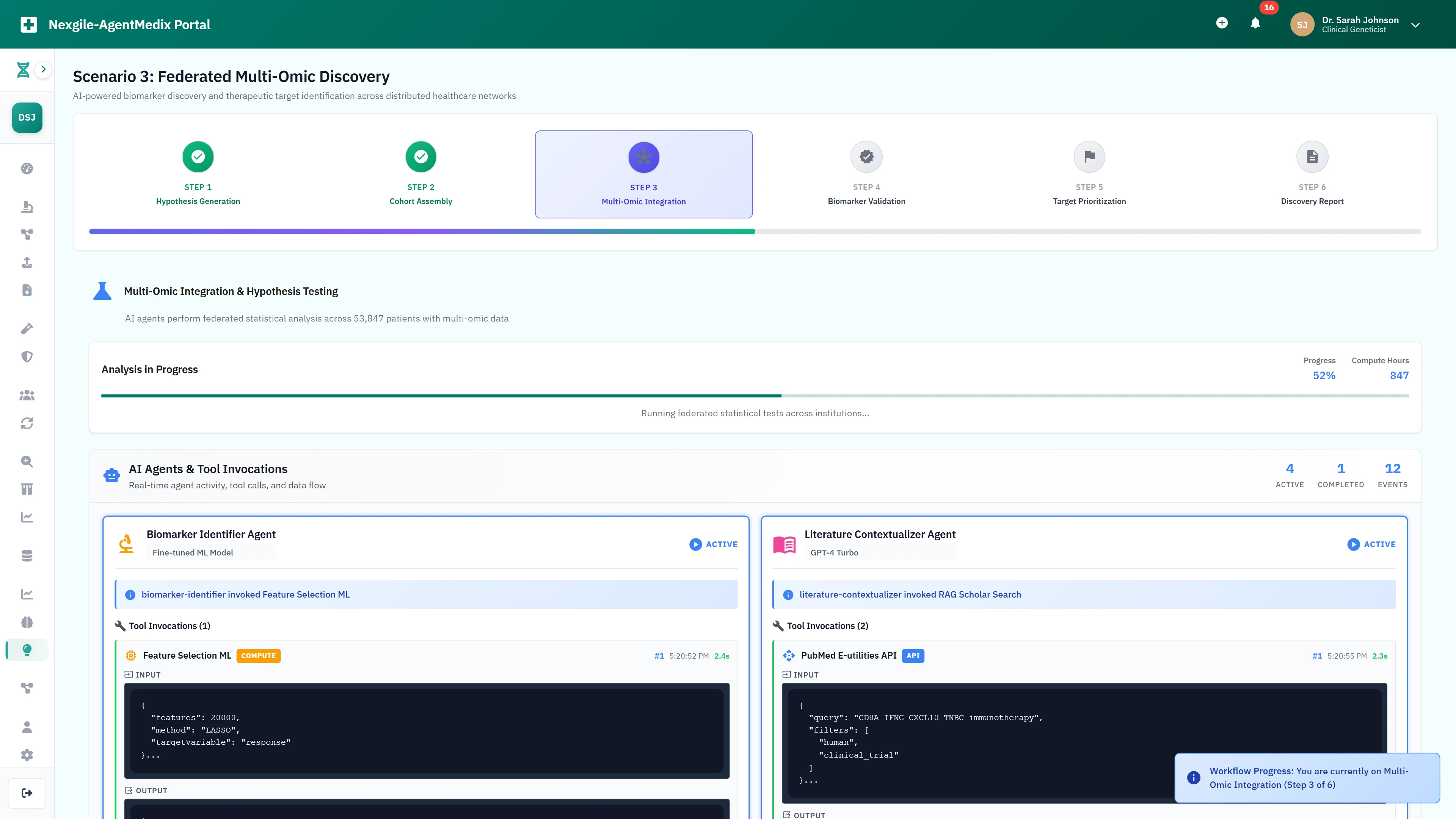 Multi-omic integration dashboard with AI agents performing federated statistical analysis and hypothesis testing in real-time
