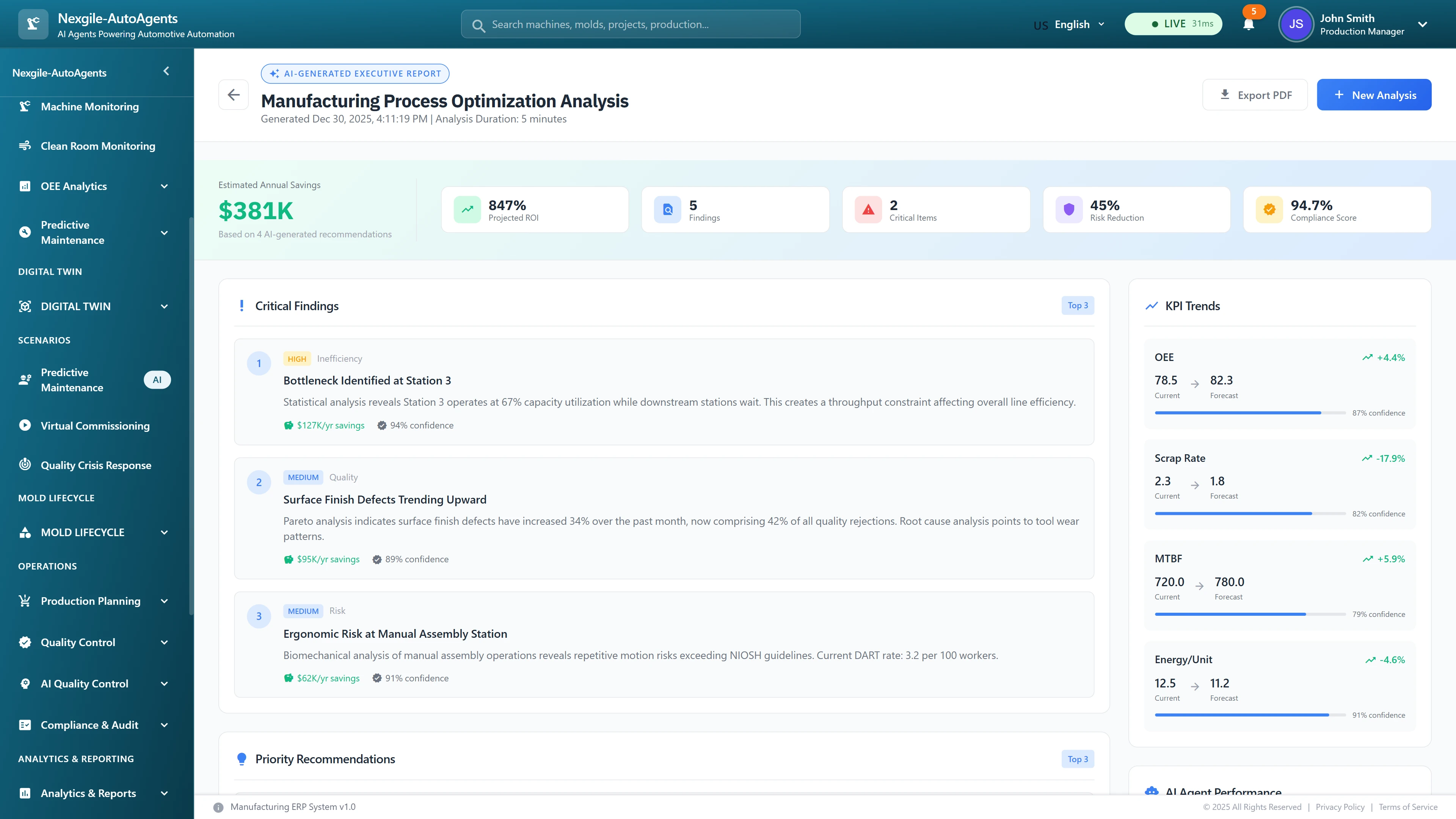 Executive summary report showcasing comprehensive optimization analysis with $381K savings projection, 847% ROI, critical findings breakdown, and KPI trend forecasts for OEE, scrap rate, MTBF, and energy efficiency