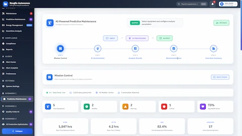 Mission Control dashboard displaying equipment health monitoring with real-time OEE metrics and sensor tracking