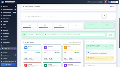 Multi-agent AI network orchestrating 8 specialized agents for autonomous equipment failure analysis