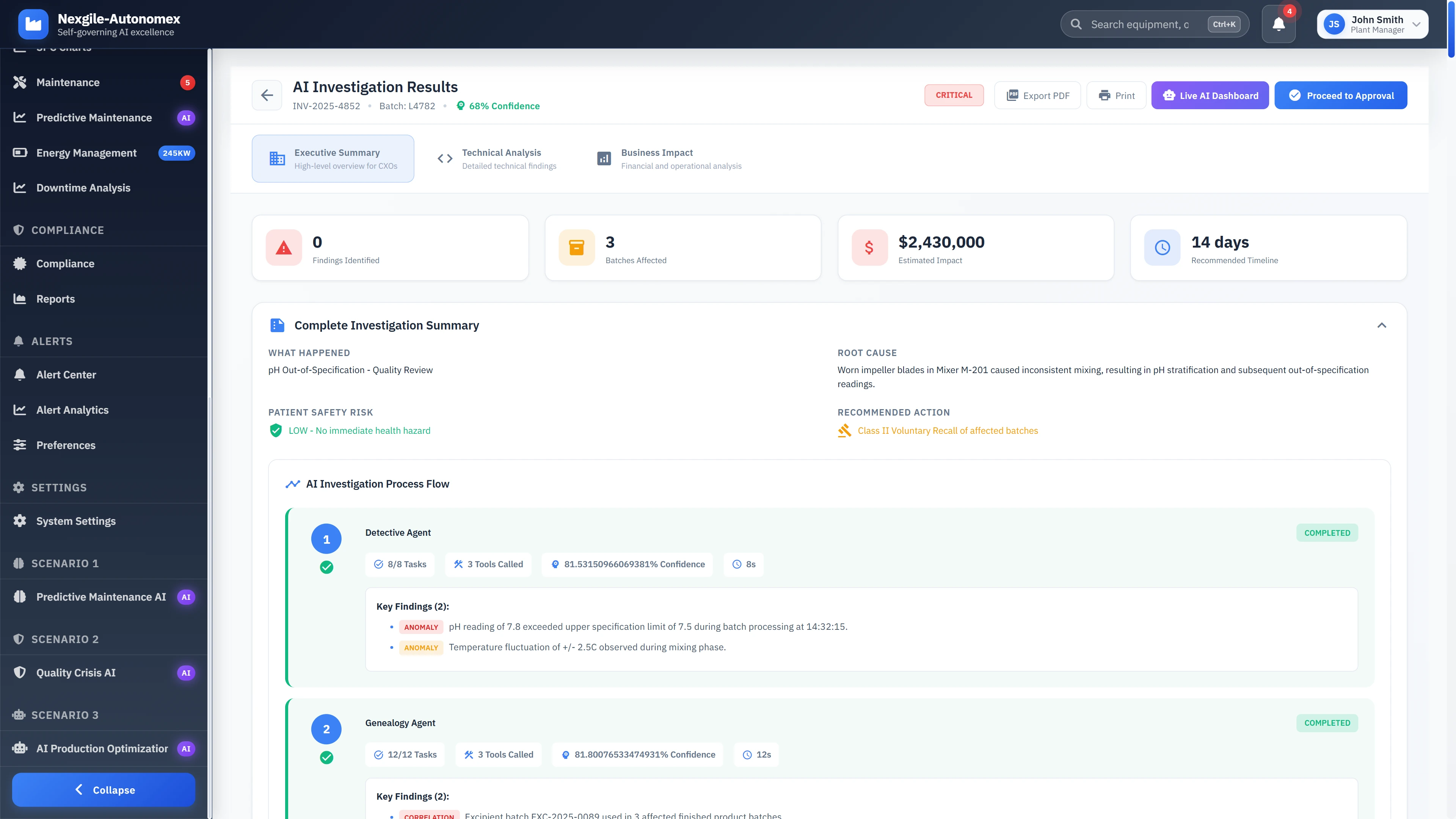 Comprehensive investigation results with root cause analysis, batch impact assessment, and regulatory compliance tracking