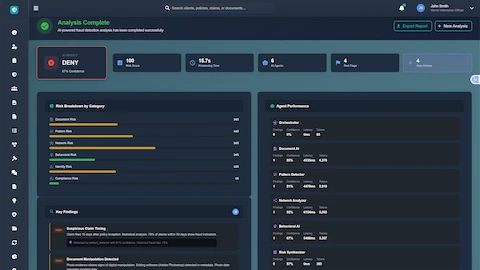 Analysis Complete - Final fraud verdict with confidence score, risk breakdown by category, key findings, and detailed agent performance