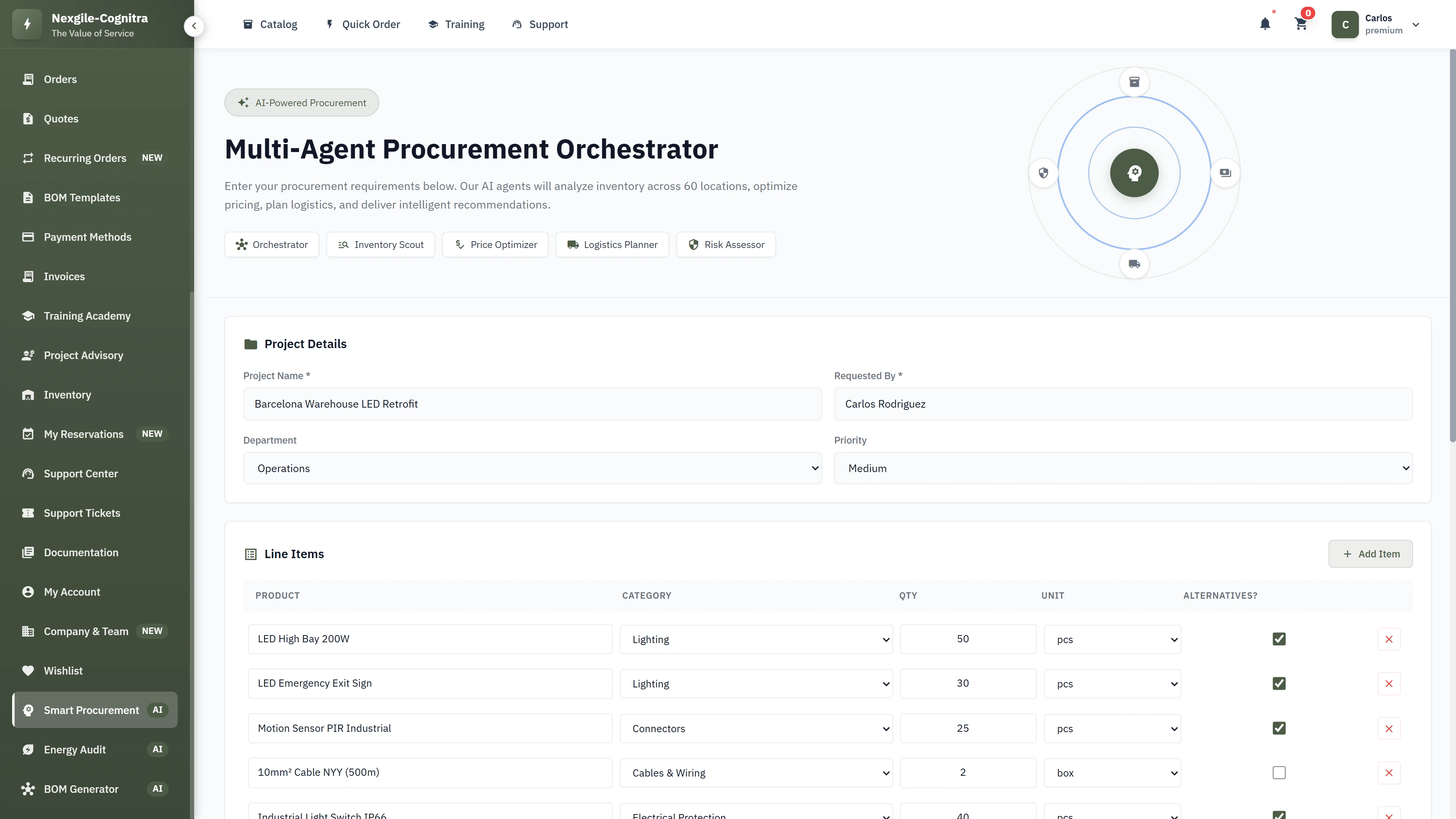 Multi-Agent Procurement Orchestrator input form for analyzing requirements across 60+ warehouse locations