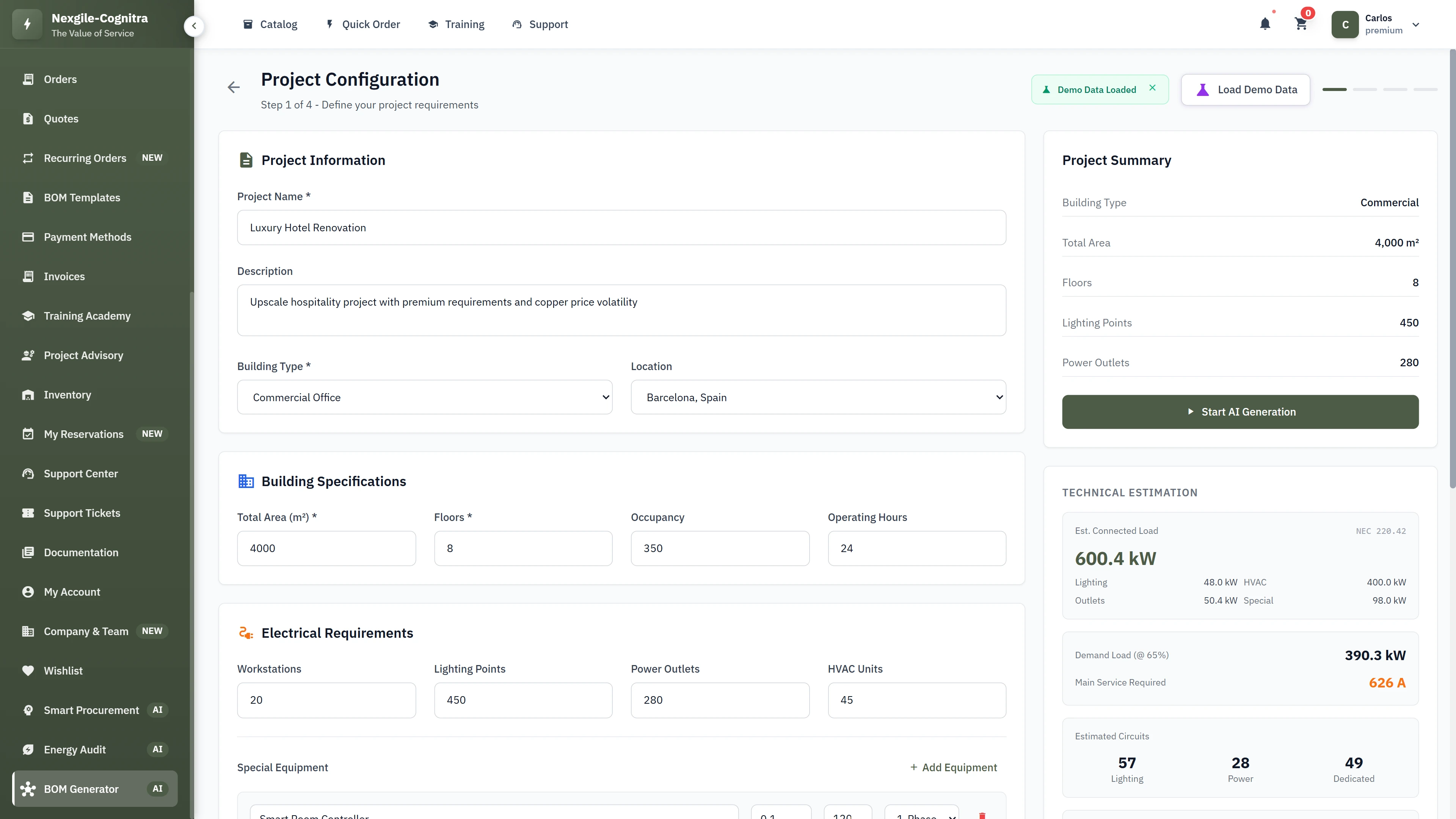 Project configuration form with building specifications and real-time electrical load calculations