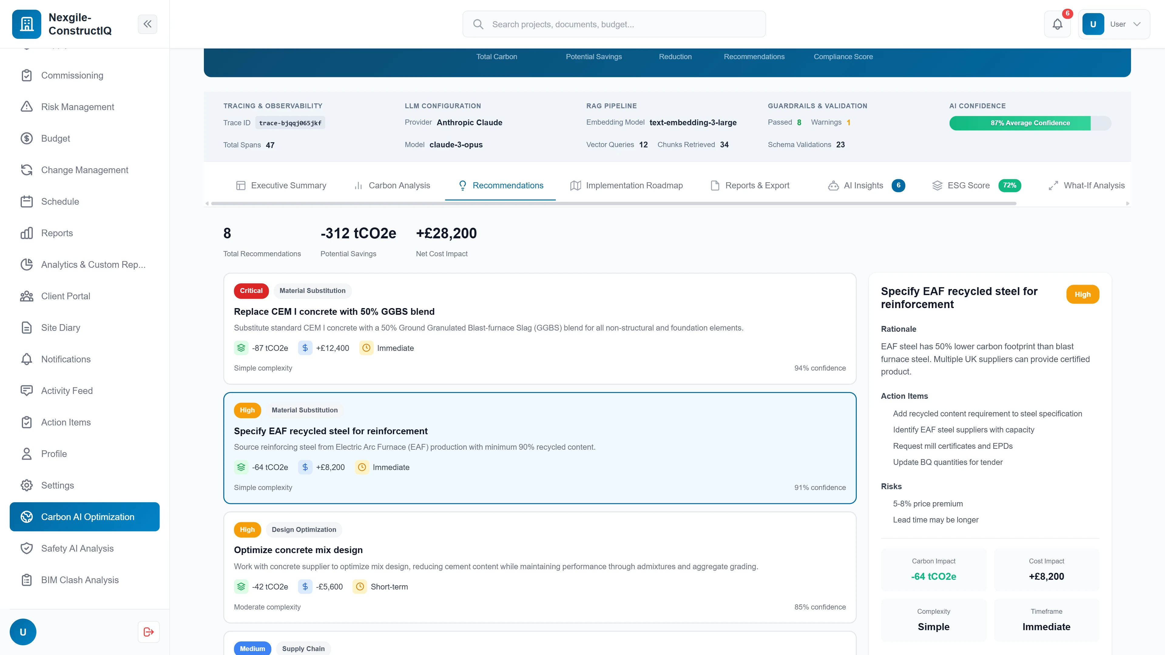 Carbon reduction recommendations with material substitution options, cost impacts, confidence scores, and implementation timelines.