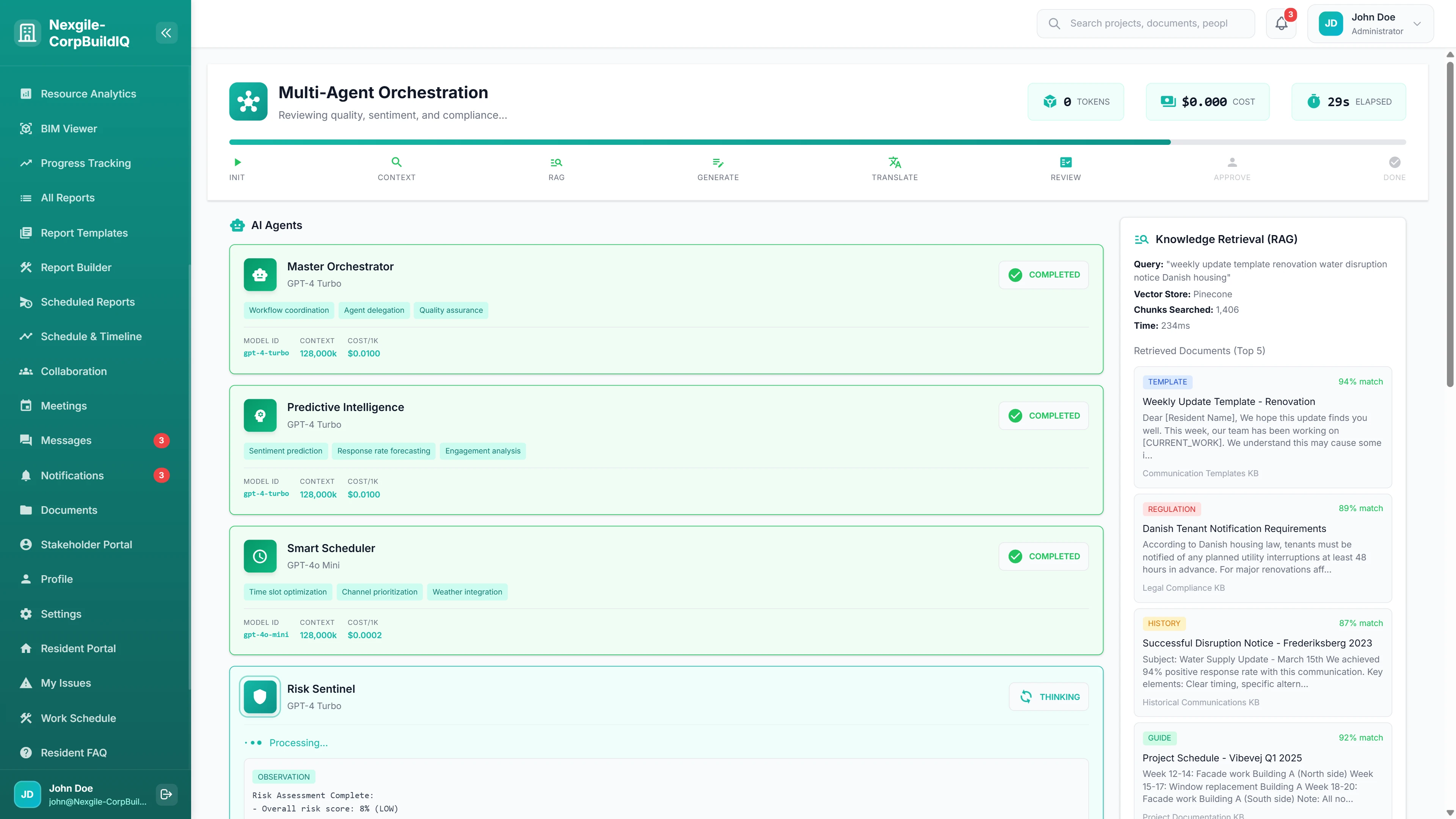 Multi-Agent Orchestration - AI agents processing with RAG knowledge retrieval showing template and regulation matches