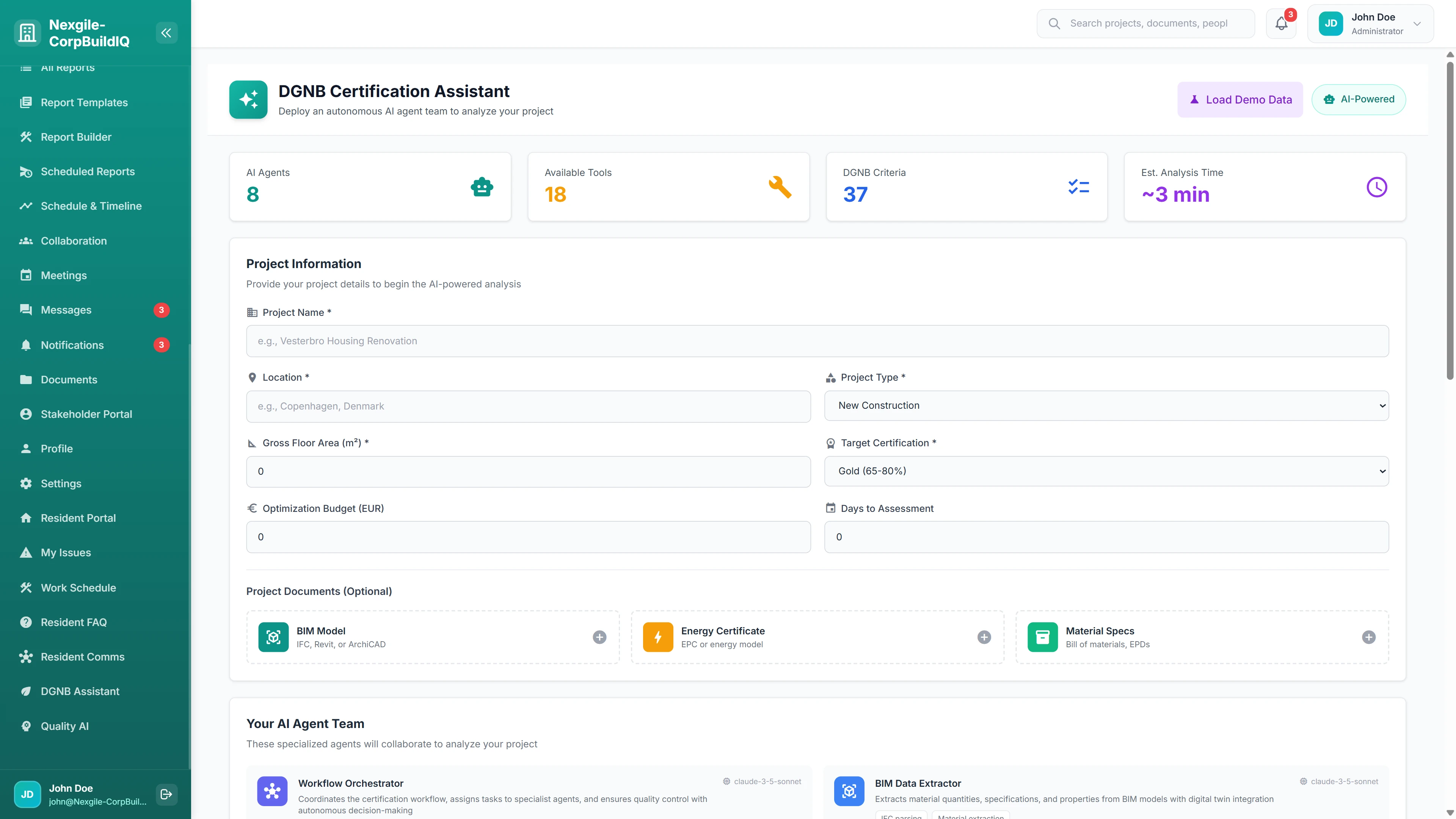 DGNB Certification Assistant - Project setup with AI agent team, BIM model upload, and target certification level selection