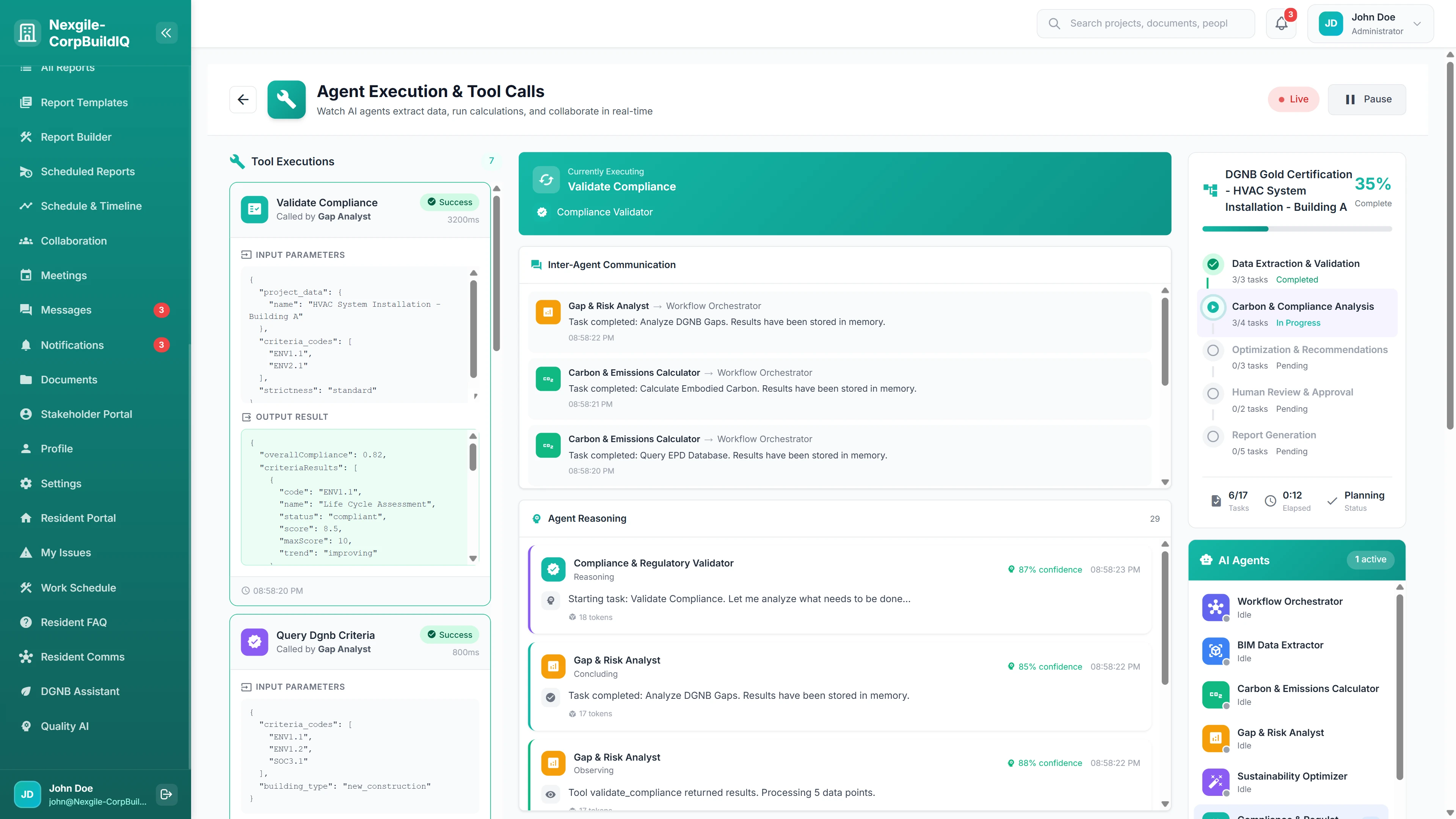 Agent Execution & Tool Calls - Live compliance validation with inter-agent communication and workflow progress tracking