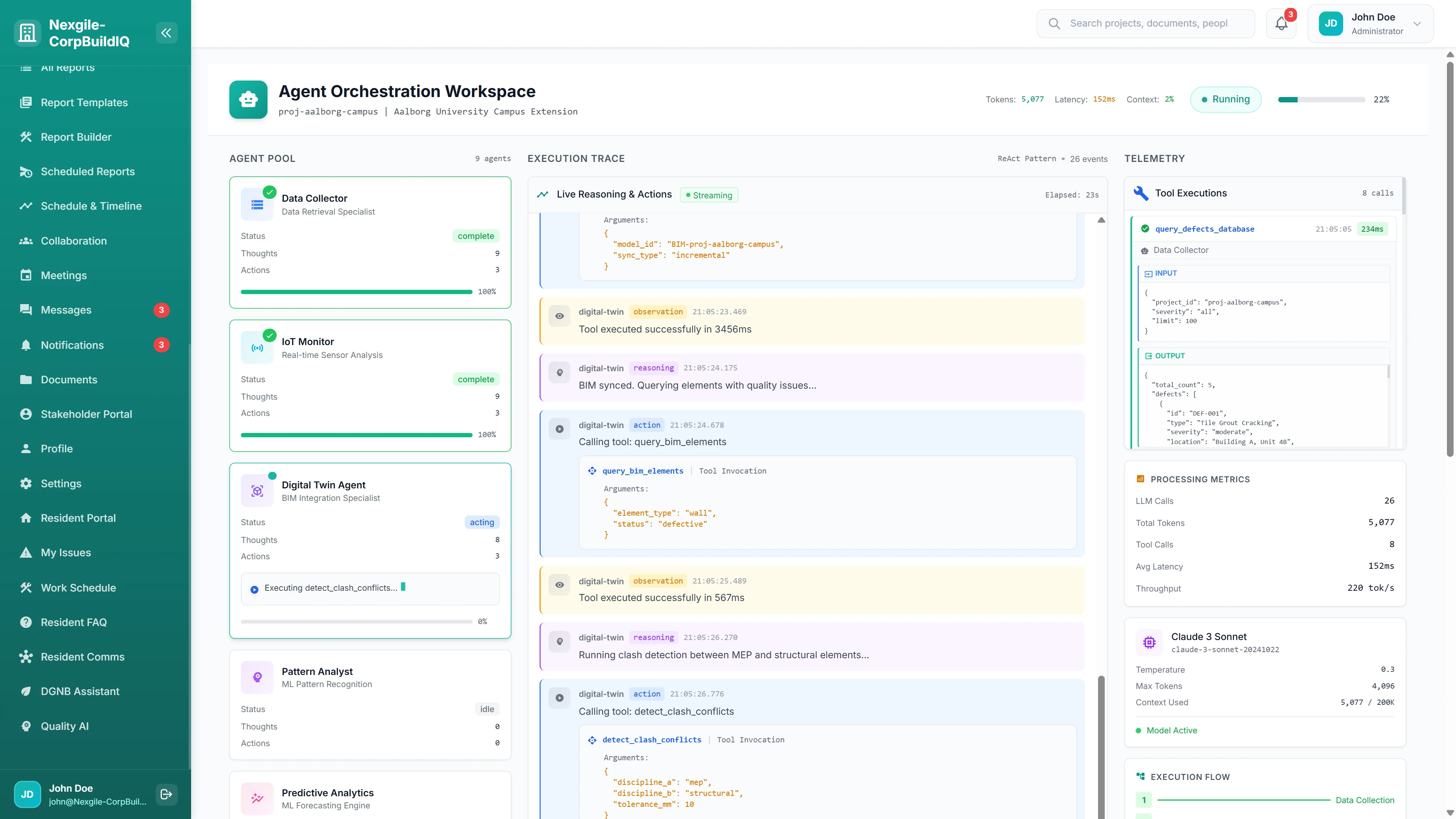 Agent Orchestration Workspace - Live execution trace showing Digital Twin BIM sync, clash detection, and processing metrics