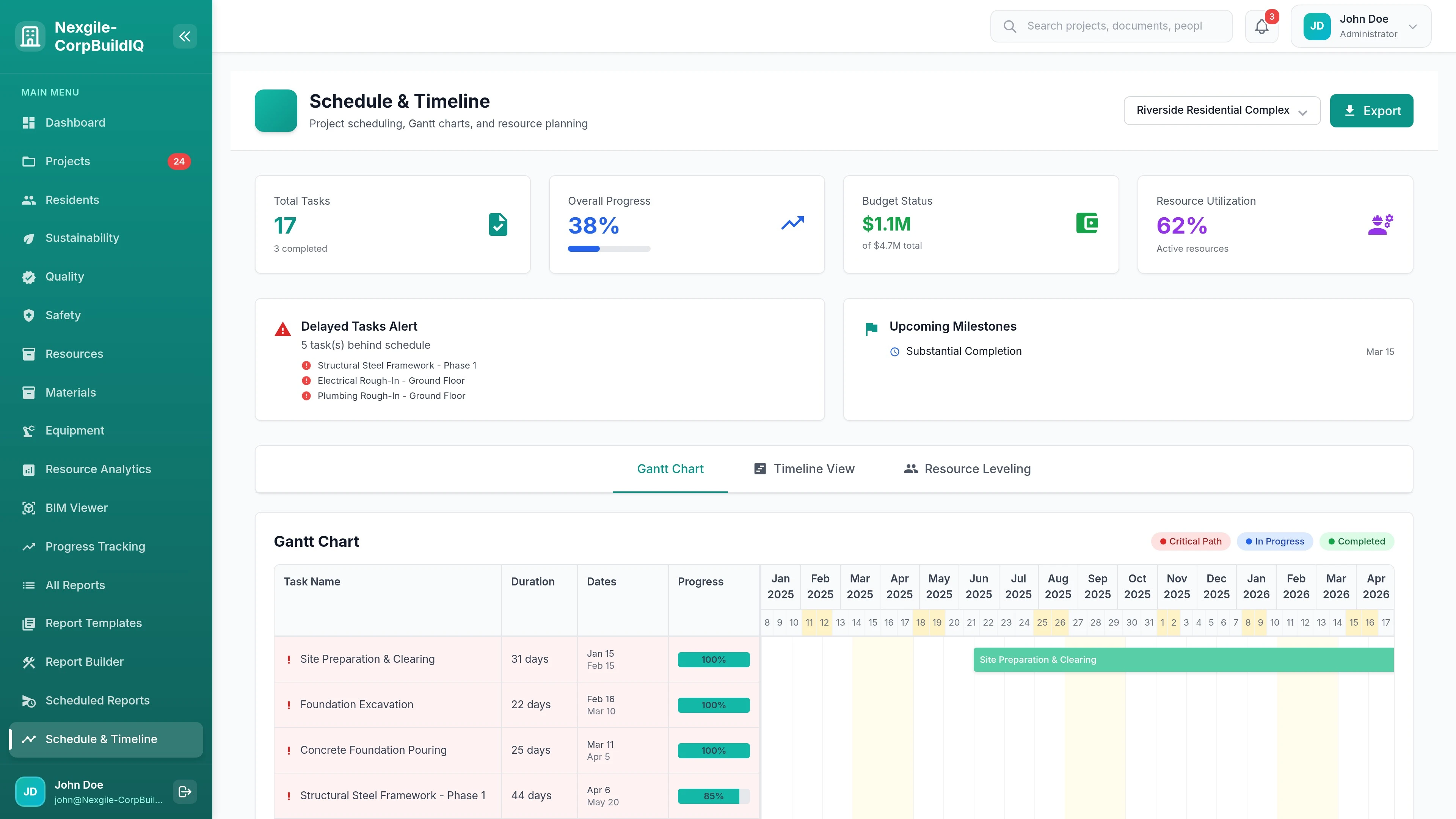 Location-based scheduling with Gantt chart visualization and milestone tracking