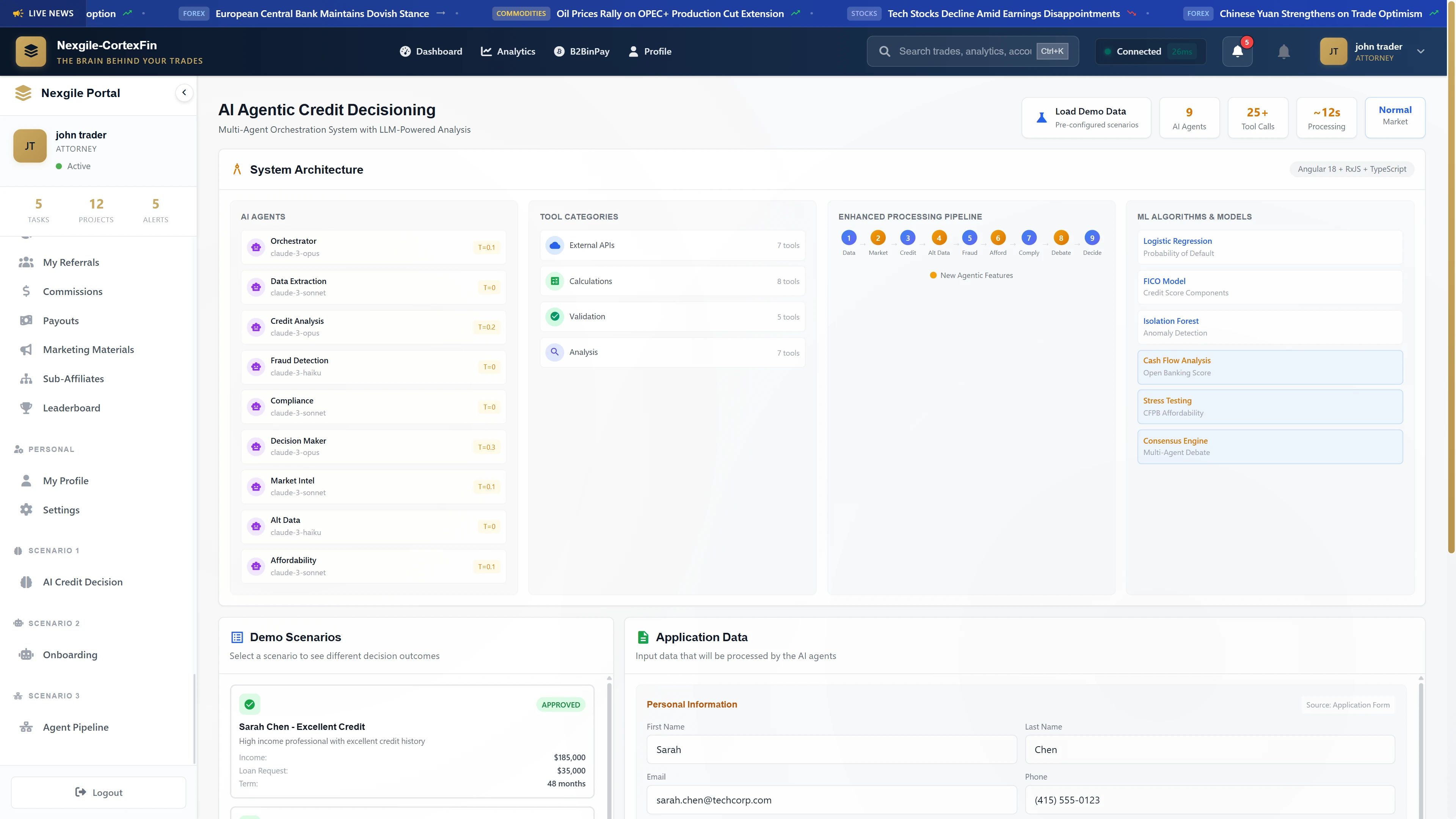 System Architecture - Multi-agent orchestration system showing AI agents, tool categories, enhanced processing pipeline, and ML algorithms & models for credit decisioning