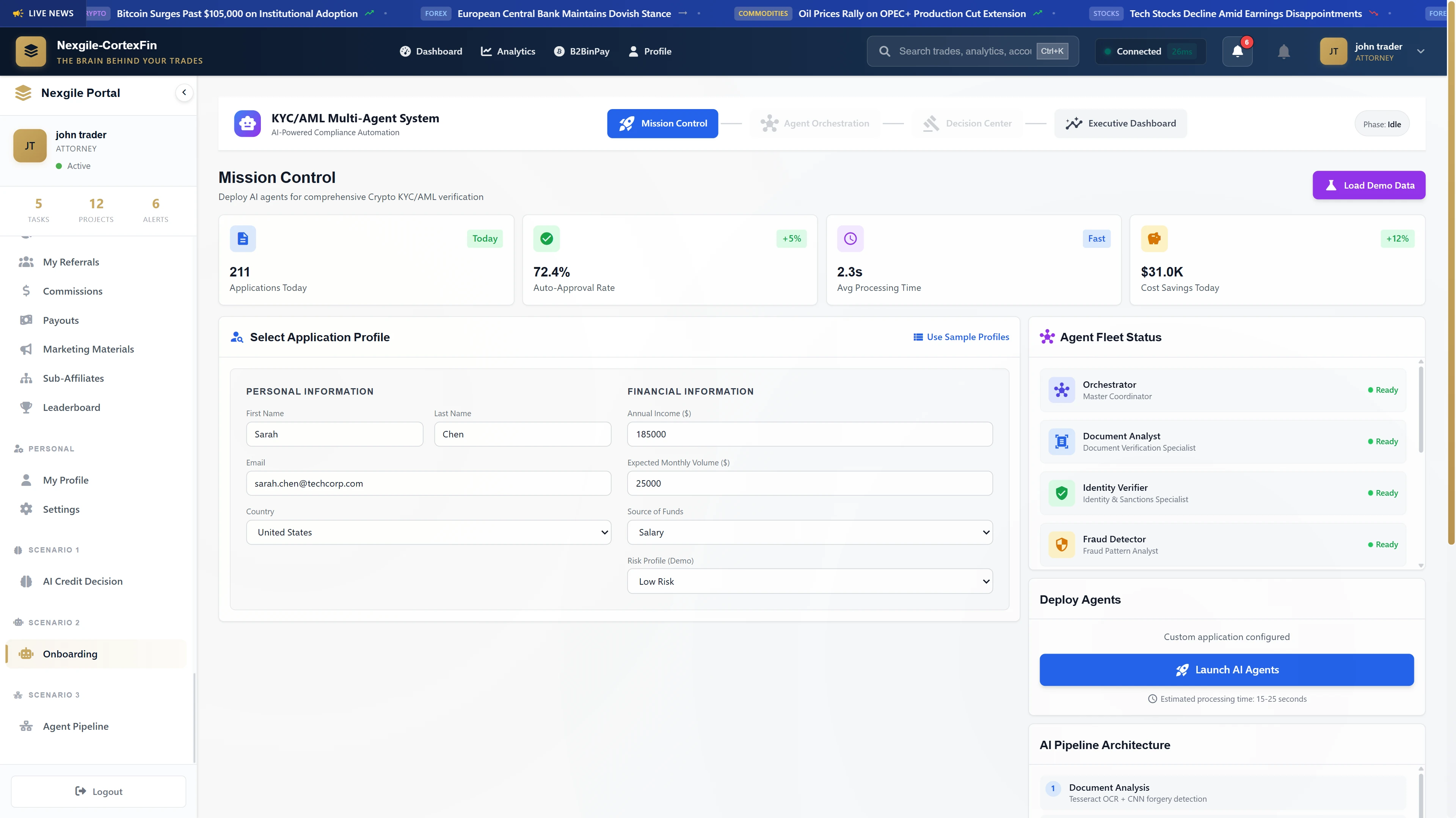 Mission Control Dashboard - KYC/AML operations overview showing performance metrics (211 applications, 72.4% auto-approval, 2.3s processing time), application profile form, and agent fleet status