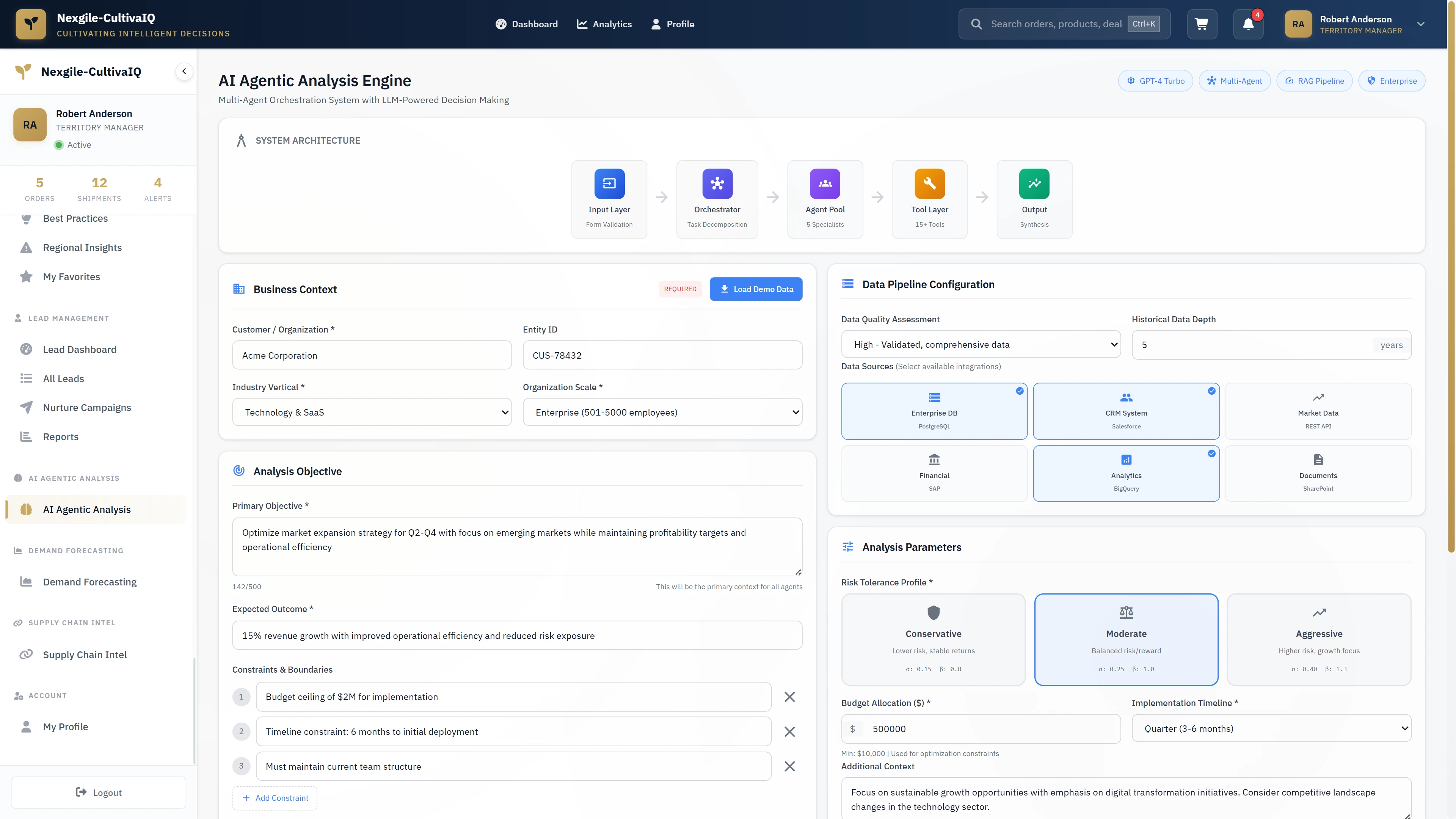 Initial configuration interface for multi-agent business analysis showing system architecture, business context setup, and analysis parameters