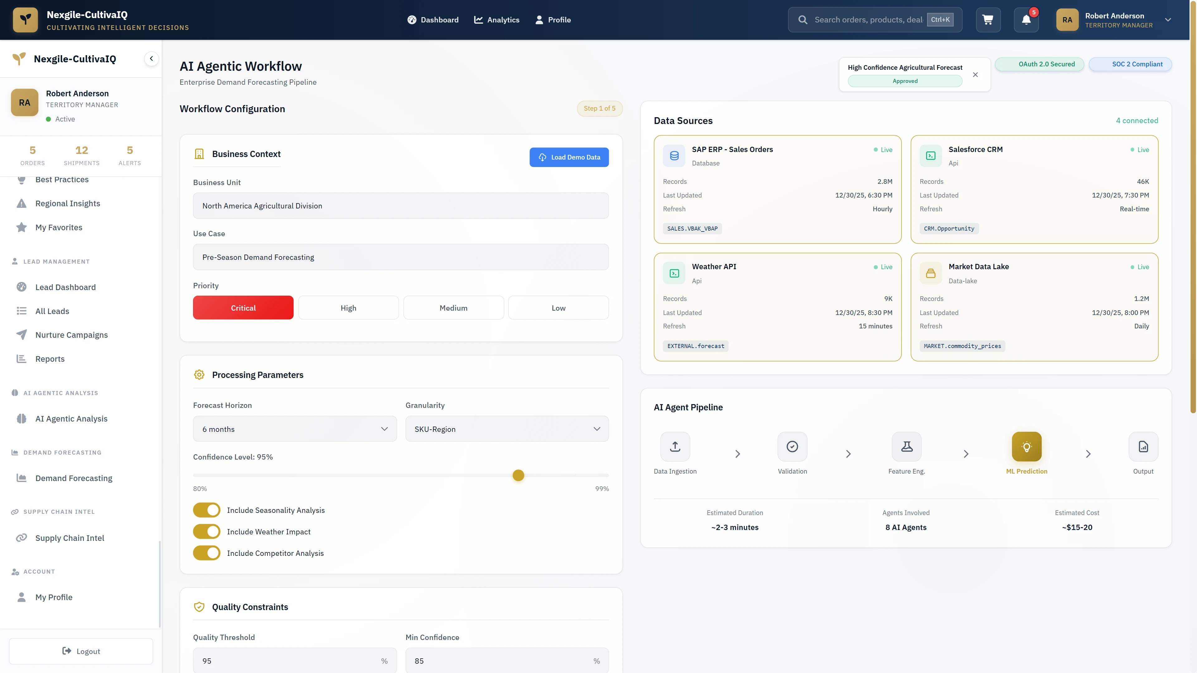 Enterprise AI workflow configuration for demand forecasting with data source connections, processing parameters, and agent pipeline setup