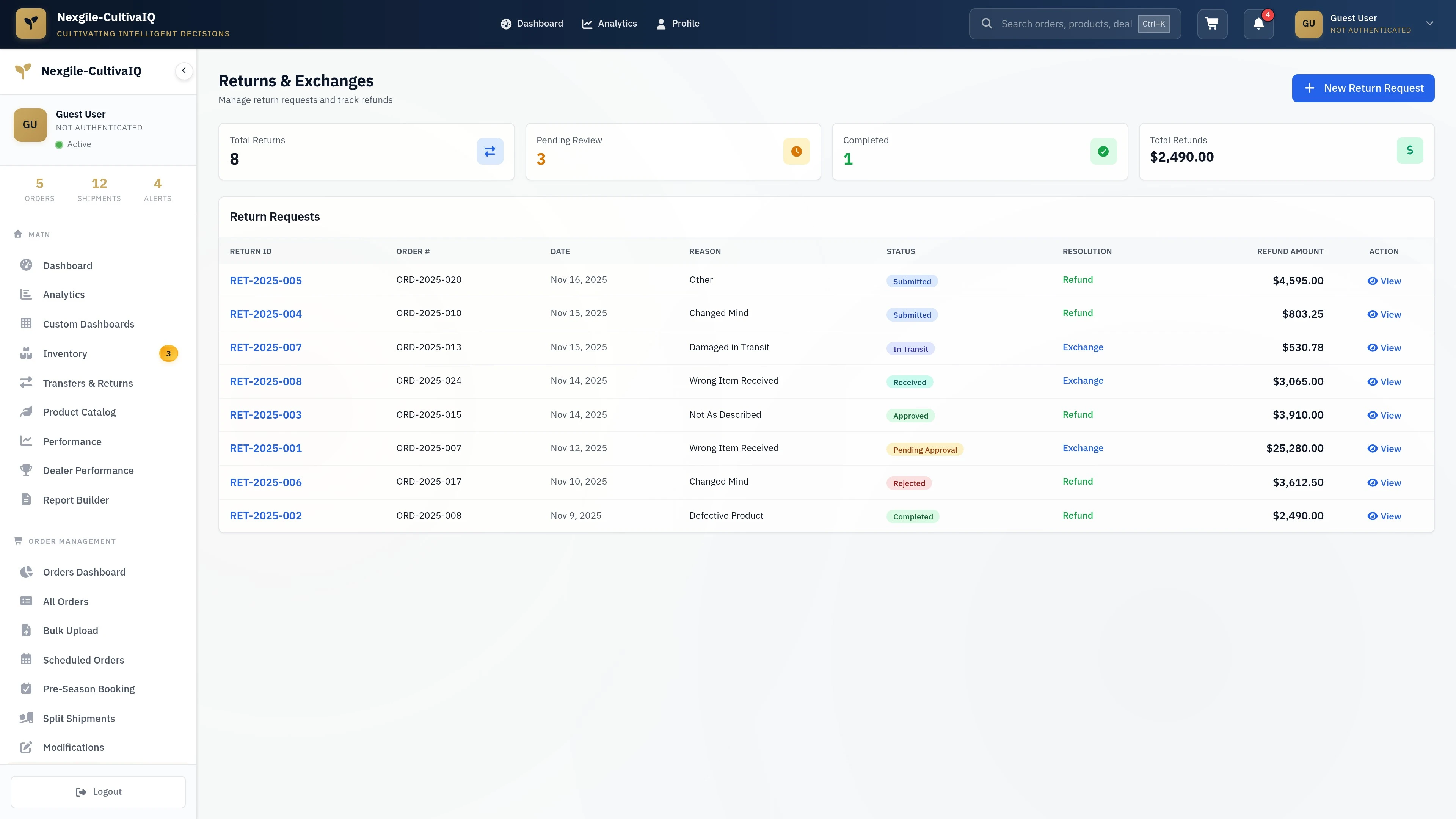 Order Returns Management - View and process return requests with detailed order information