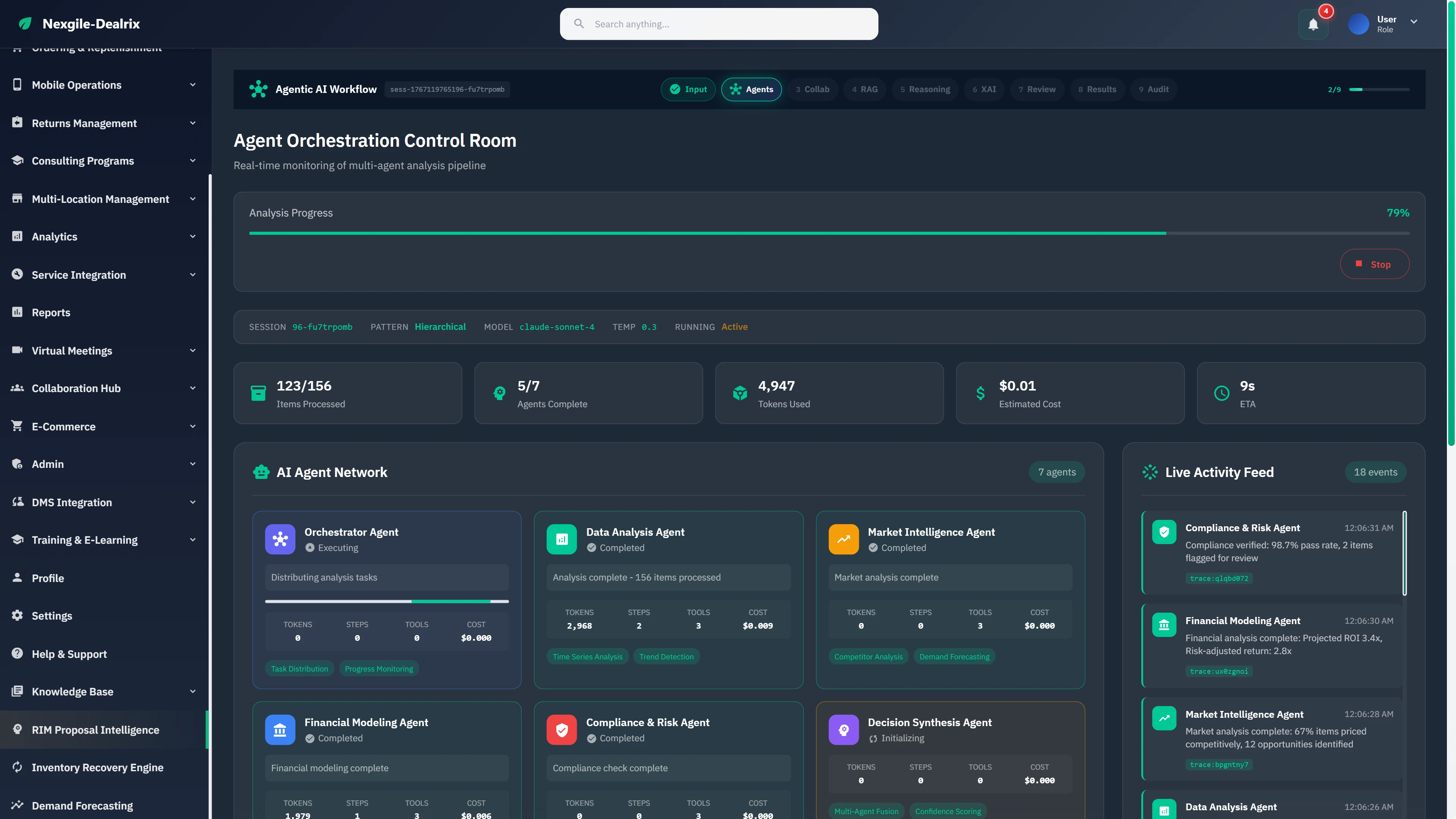 Agent Orchestration Control Room displaying real-time multi-agent monitoring, progress tracking across 7 specialized agents, and live activity feed.