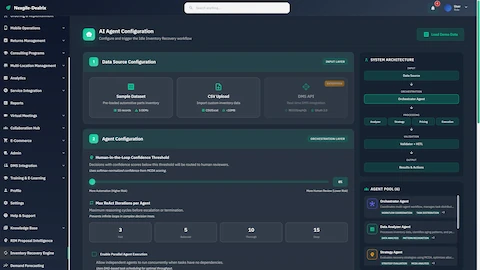 AI Agent Configuration for Idle Inventory Recovery with data source options, human-in-the-loop confidence thresholds, and 6-agent pool architecture.