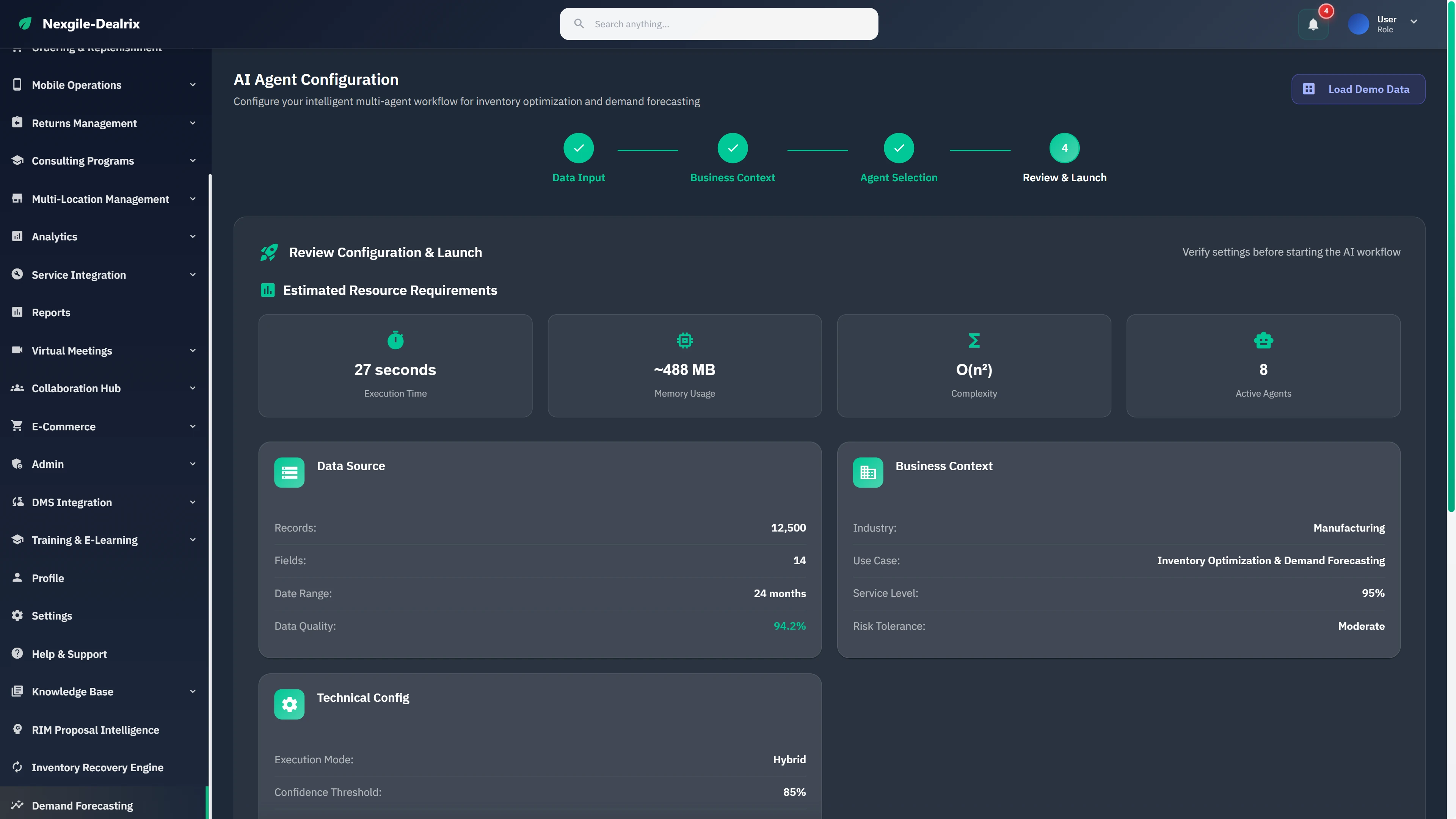 Review Configuration & Launch summary showing estimated resources (27s execution, 488MB memory), data source details, and business context for manufacturing use case.