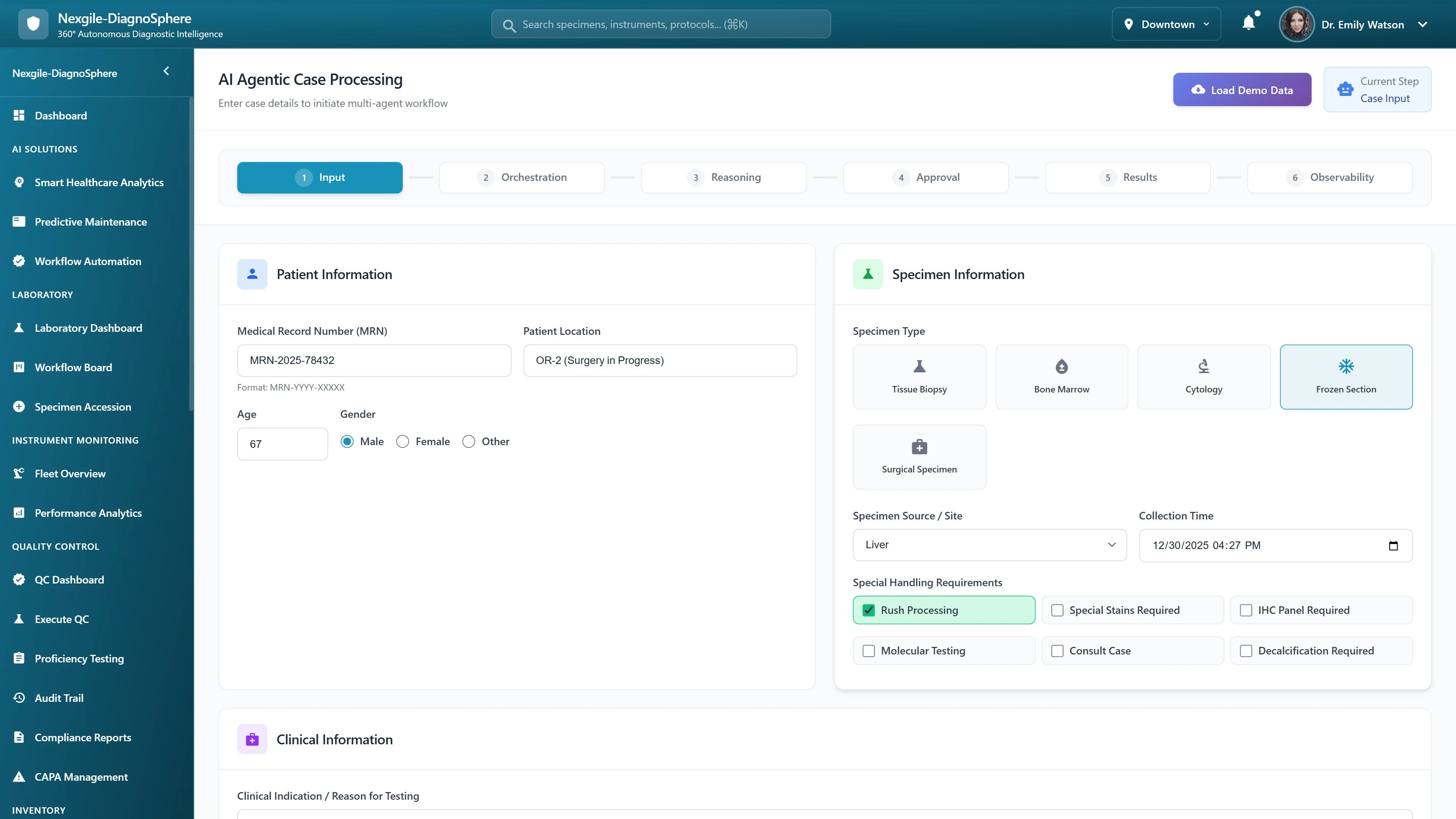 Case Input Interface - Patient demographics, specimen type selection, and clinical information entry for AI triage workflow