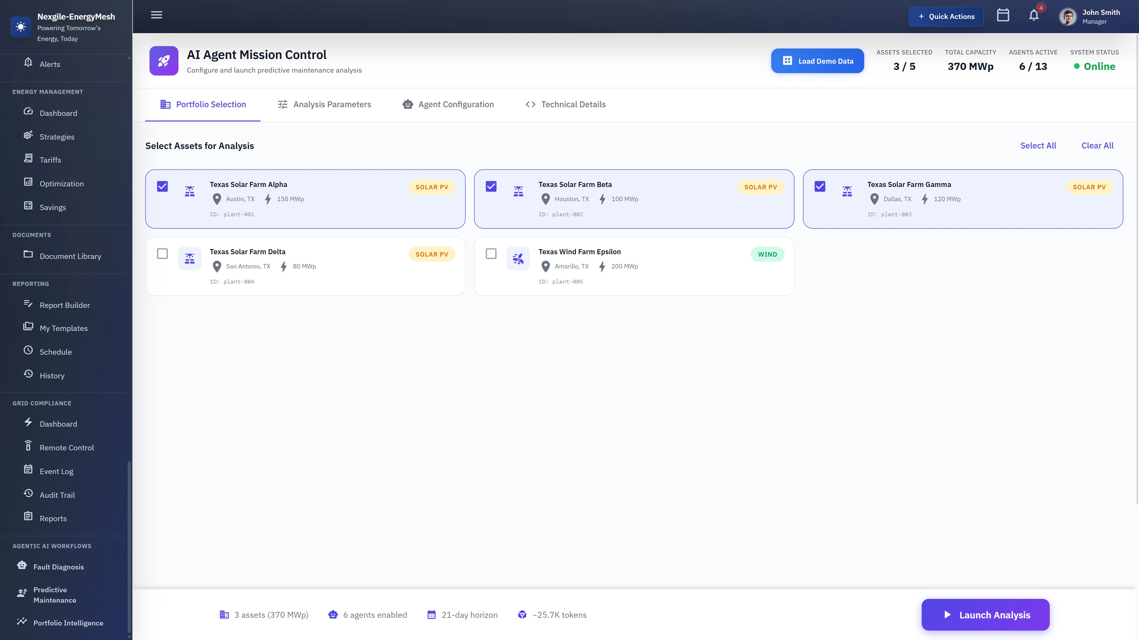 Mission Control - Portfolio selection and analysis configuration for predictive maintenance across solar and wind assets