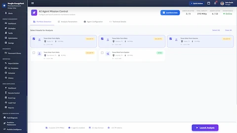 Mission Control - Portfolio selection and analysis configuration for predictive maintenance across solar and wind assets