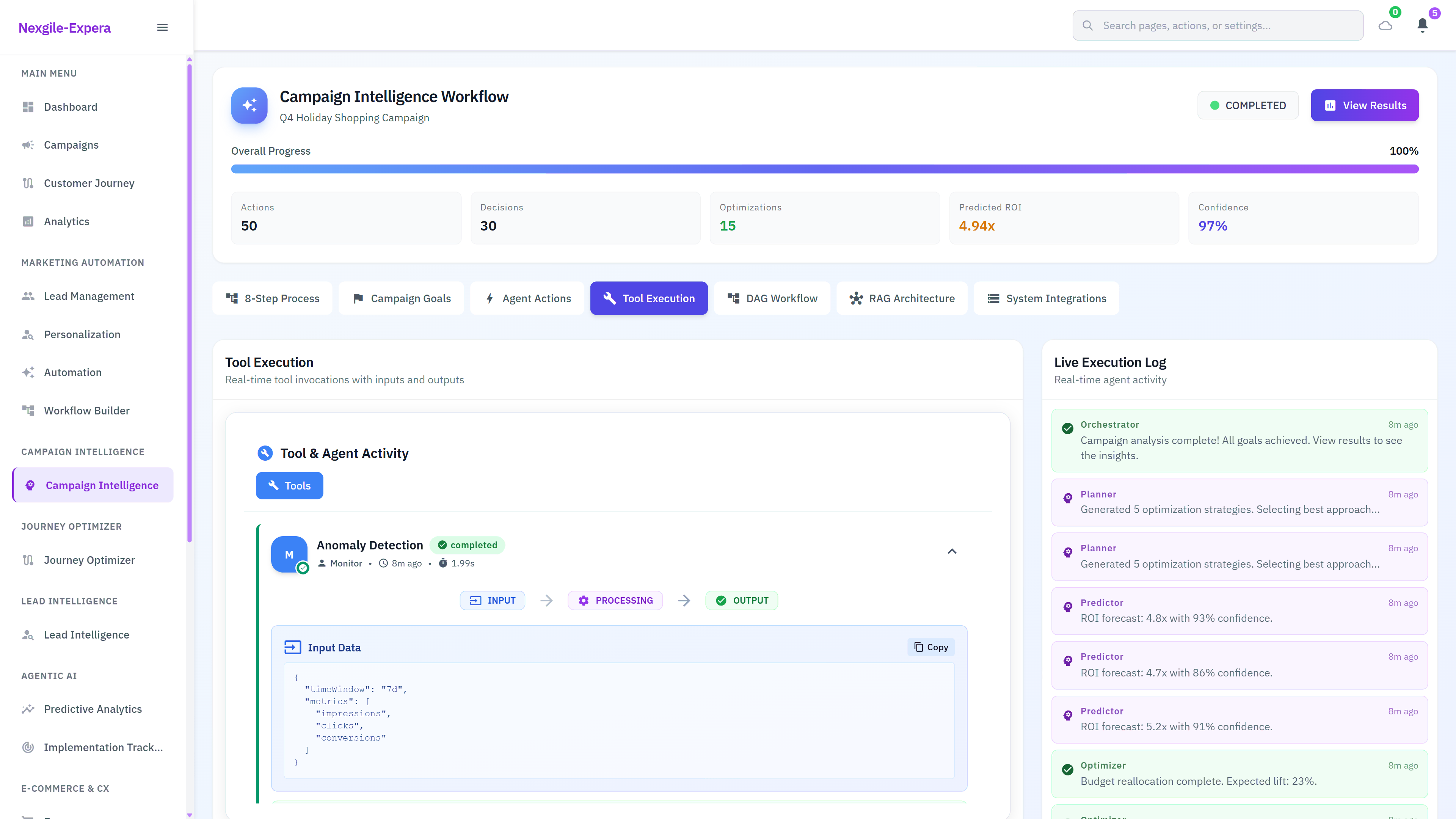Tool Execution View - Real-time anomaly detection tool activity displaying input/output data and agent collaboration monitoring