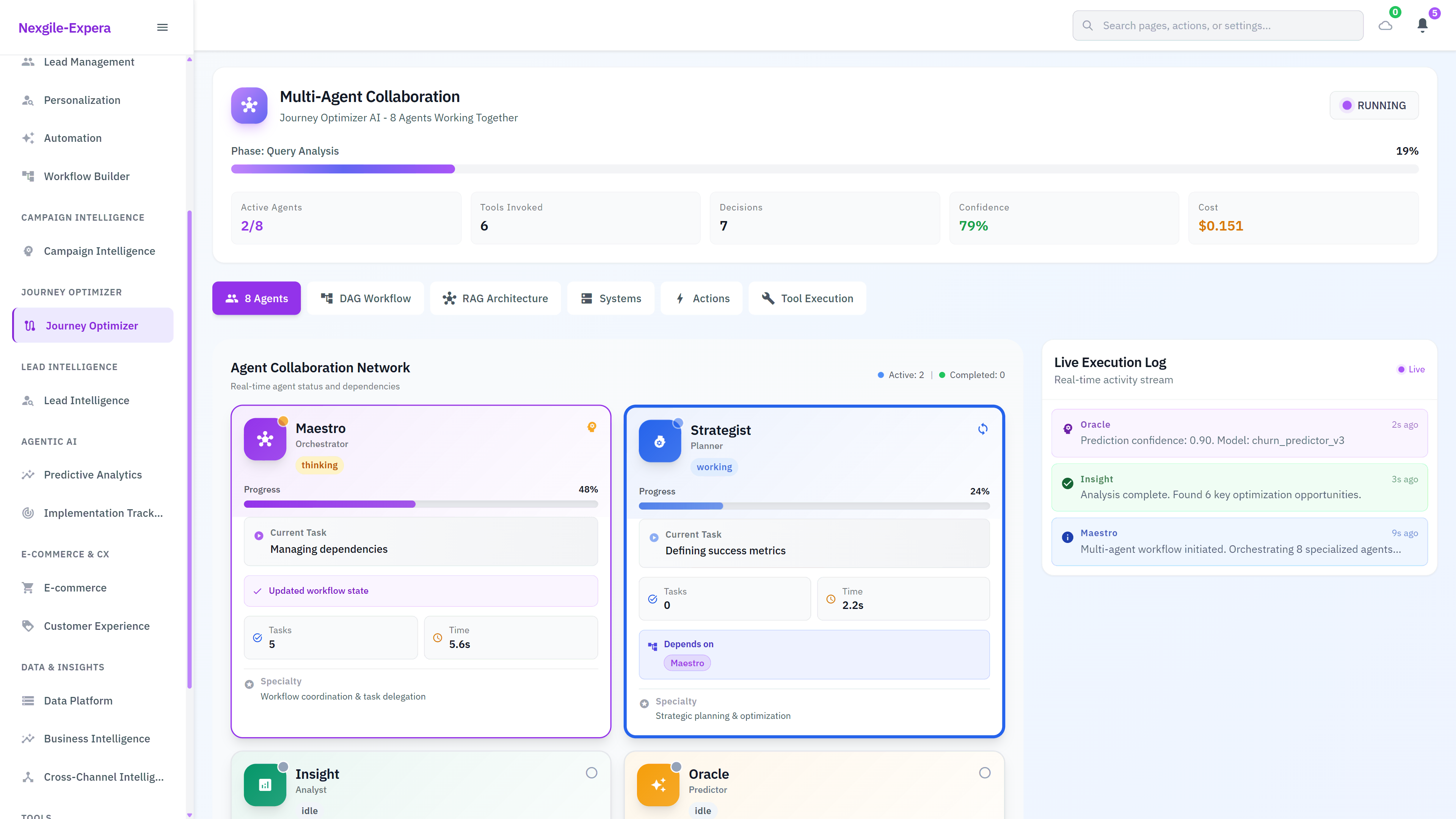 Multi-Agent Collaboration - 8 AI agents working together showing Maestro orchestrator and Strategist planner coordinating workflow dependencies in real-time