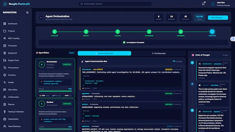 Quality Investigation Mission Control - Initial configuration interface displaying quick start templates for common quality scenarios, investigation parameter inputs including work order ID, product details, facility selection, defect type classification, and priority level assignment. The agent team panel shows 6 specialized AI agents in ready status with LLM configuration options and system health monitoring.