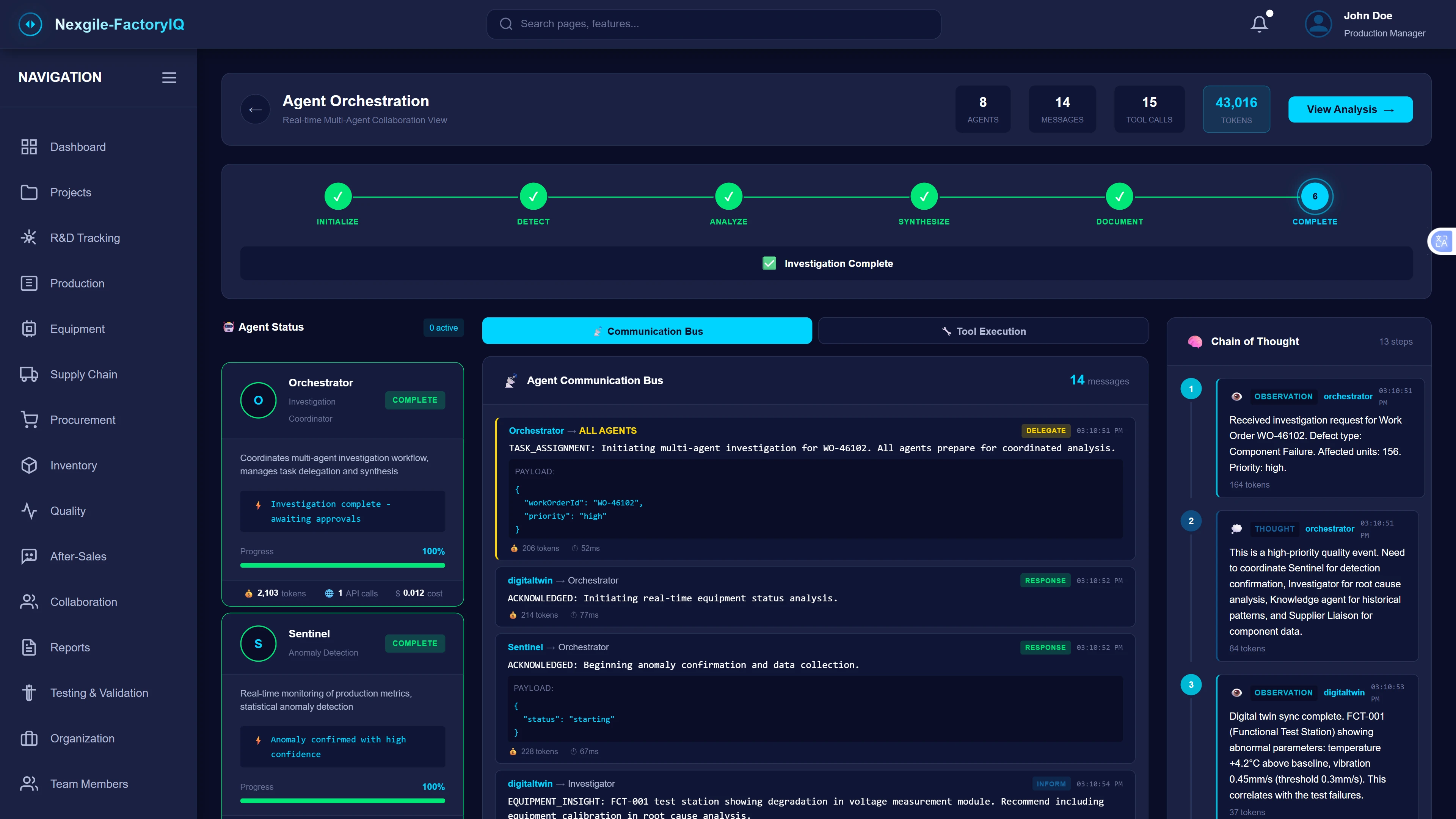 Real-Time Multi-Agent Orchestration - Live collaboration view showing the investigation workflow progression through six stages (Initialize, Detect, Analyze, Synthesize, Document, Complete). The communication bus displays inter-agent message exchanges with payload details, while the chain of thought panel reveals agent reasoning processes including observations and equipment insights for transparent decision-making.