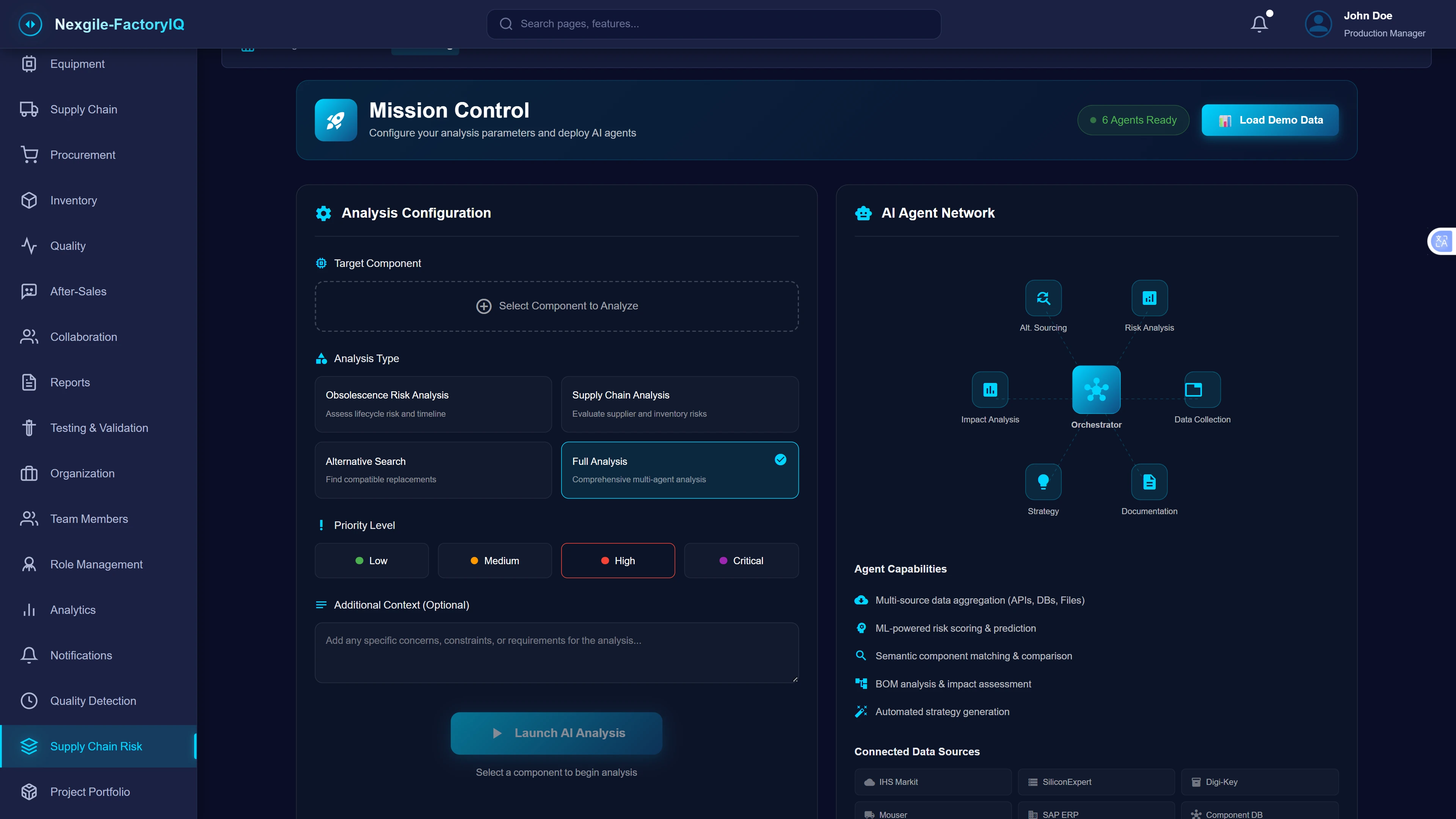 Supply Chain Risk Mission Control - Configuration interface for initiating supply chain analysis with target component selection, analysis type options (Obsolescence Risk Analysis, Supply Chain Analysis, Alternative Search, or comprehensive Full Analysis), priority level classification, and optional context input. The AI Agent Network panel displays 6 specialized agents (Alt Sourcing, Risk Analysis, Orchestrator, Impact Analysis, Strategy, Documentation) with their capabilities including multi-source data aggregation, ML-powered risk scoring, semantic component matching, BOM analysis, and automated strategy generation. Connected data sources include IHS Markit, SiliconExpert, Digi-Key, Mouser, SAP ERP, and Component DB.