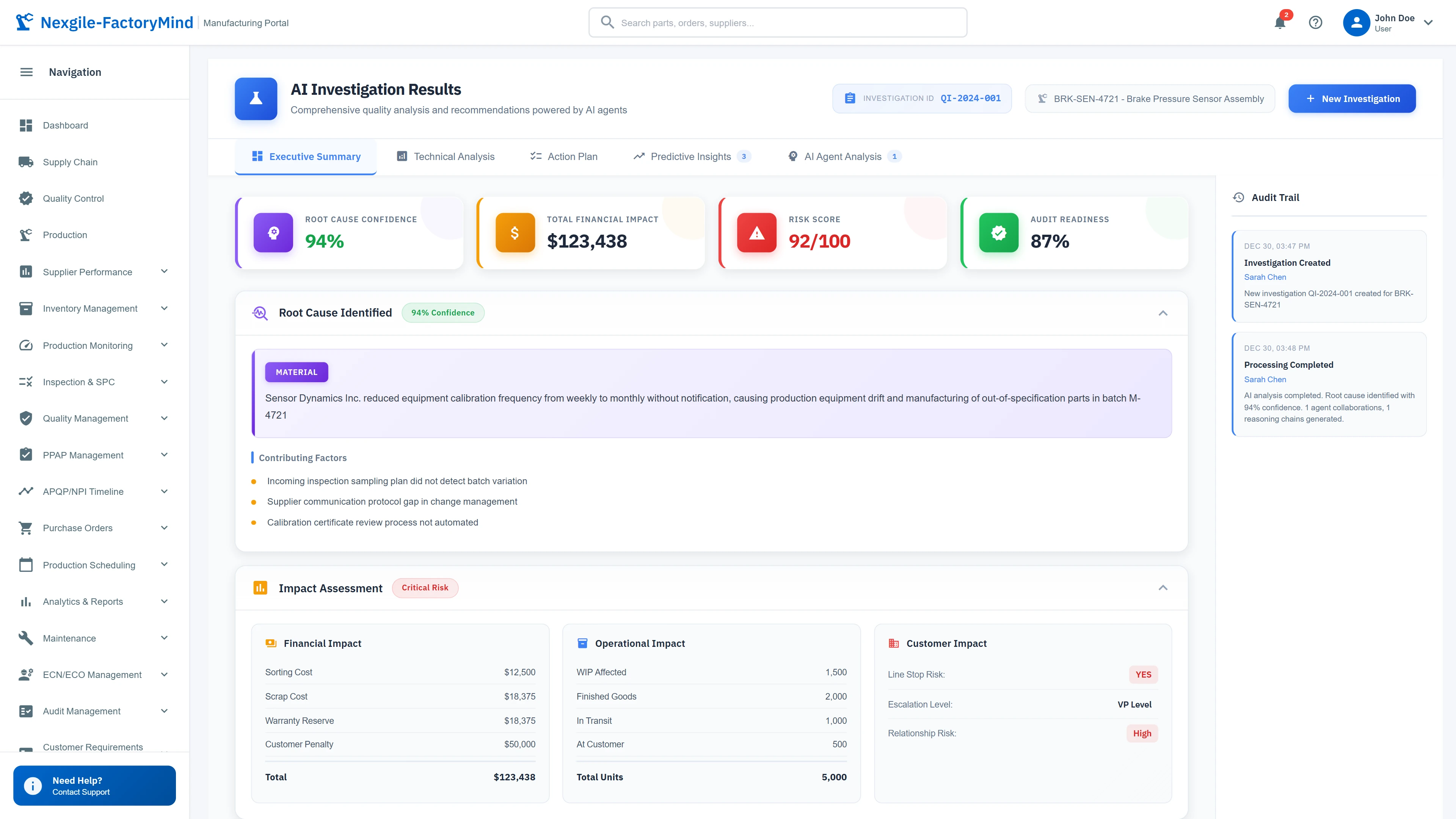 Investigation results with root cause analysis, financial impact, and audit readiness