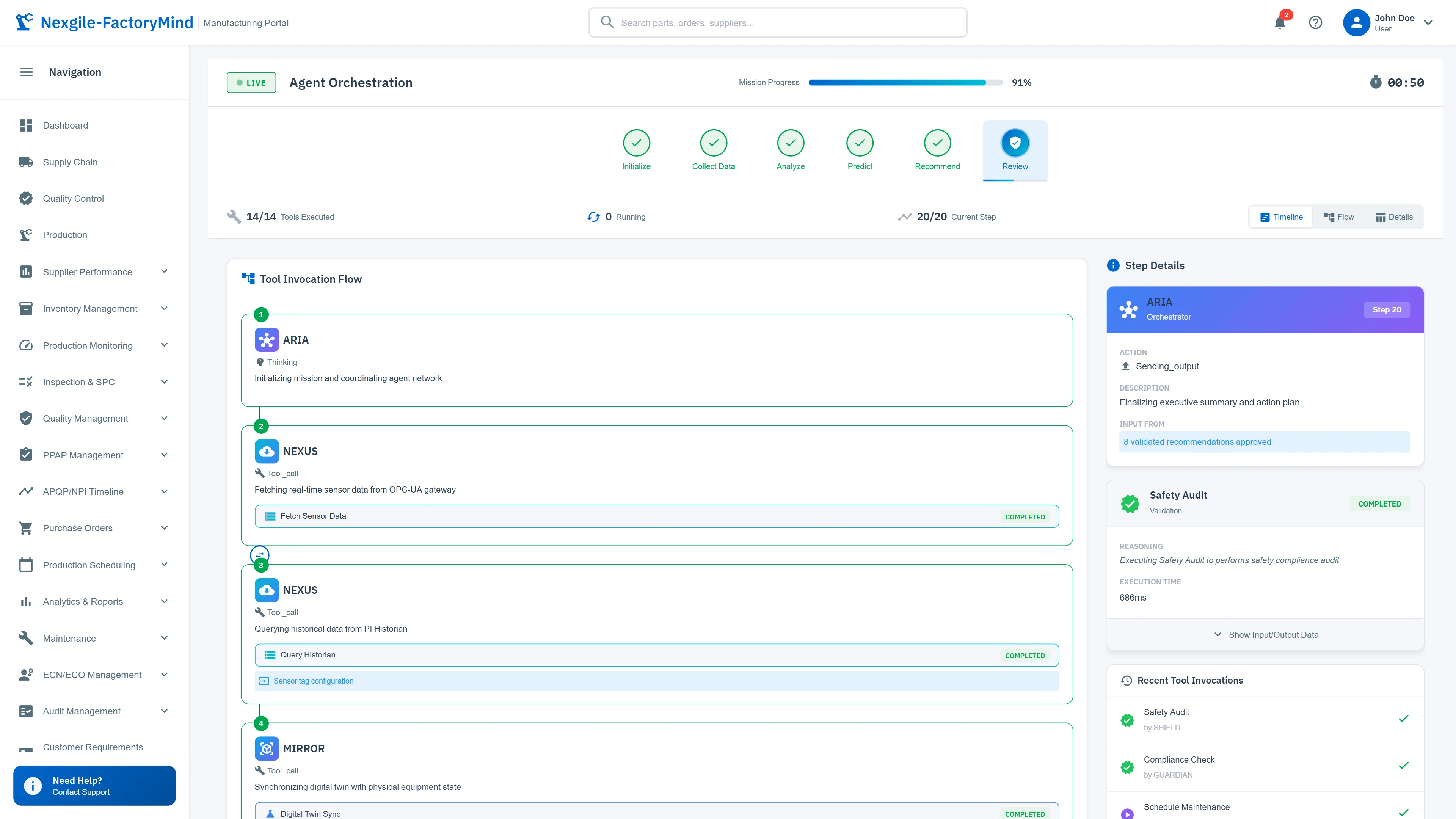 Live agent orchestration with 6-phase workflow and digital twin synchronization