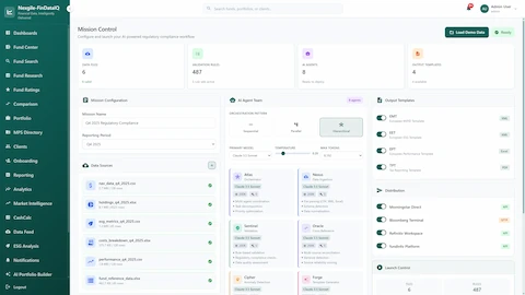 Mission Control configuration interface for AI-powered regulatory compliance workflow displaying 6 data files, 487 validation rules, 8 AI agents (Atlas, Nexus, Sentinel, Oracle, Cipher, Forge), output templates (EMT, EET, EPT, TPT), and distribution channels to Morningstar Direct, Bloomberg Terminal, and Refinitiv