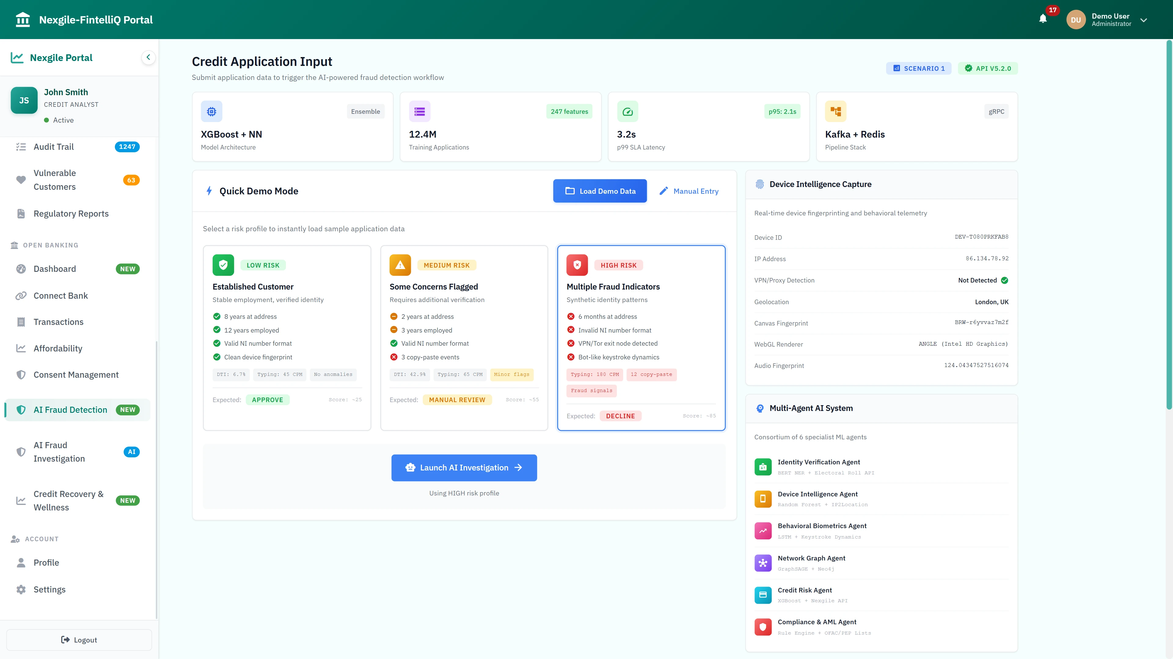 Credit Application Input - AI-powered fraud detection workflow with risk profile selection, device intelligence capture, and multi-agent system overview